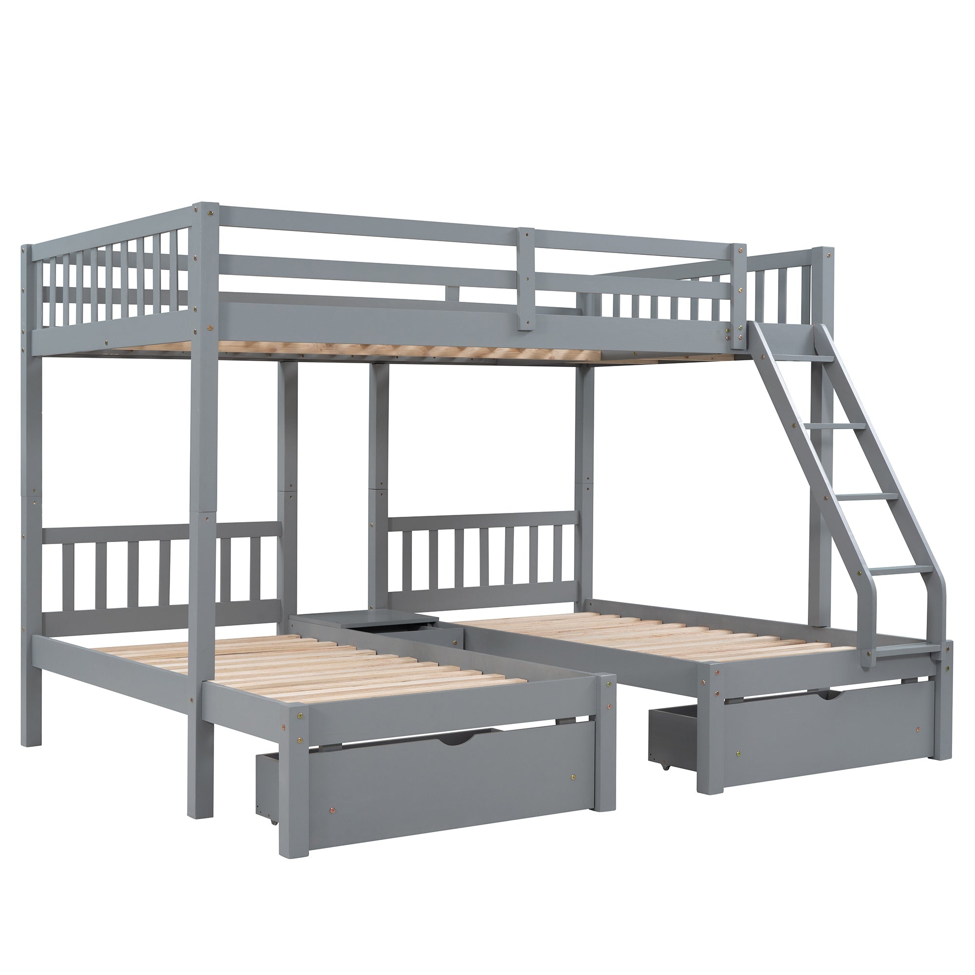 Full Over Twin & Twin Bunk Bed, Wood Triple Bunk Bed with Drawers and Guardrails, Gray (OLD SKU: LP000143AAE)