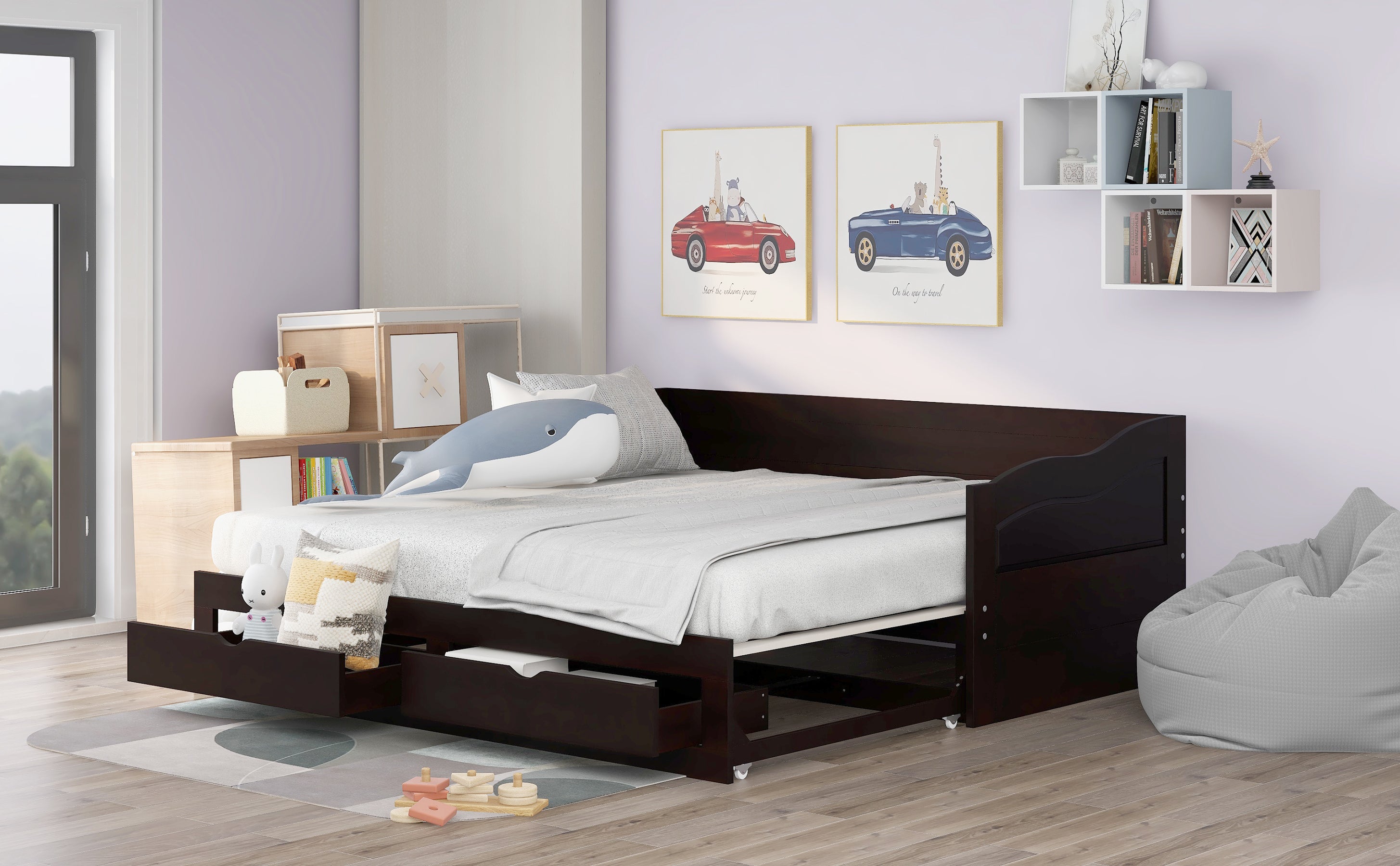 Wooden Daybed with Trundle Bed and Two Storage Drawers , Extendable Bed Daybed,Sofa Bed with Two Drawers, Espresso - Atlantic Fine Furniture Melbourne FL