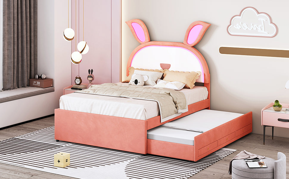 Full Size Upholstered Platform Bed with Trundle and 3 Drawers, Rabbit-Shaped Headboard with Embedded LED Lights, Pink
