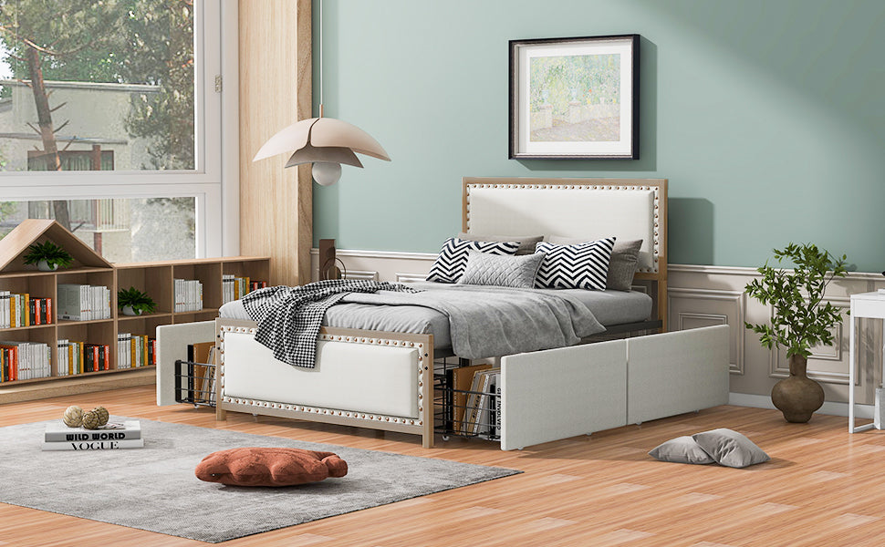 Full Size Upholstered Platform Bed with Nailhead Decoration and 4 Drawers, Brown - Atlantic Fine Furniture Melbourne FL