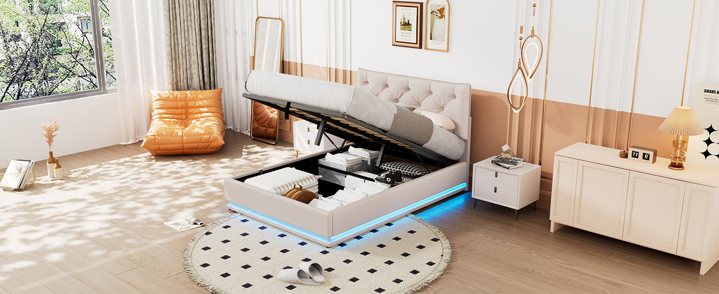 Full Size Upholstered Bed with Hydraulic Storage System and LED Light, Modern Platform Bed with Button-tufted Design Headboard, Beige - Atlantic Fine Furniture Melbourne FL