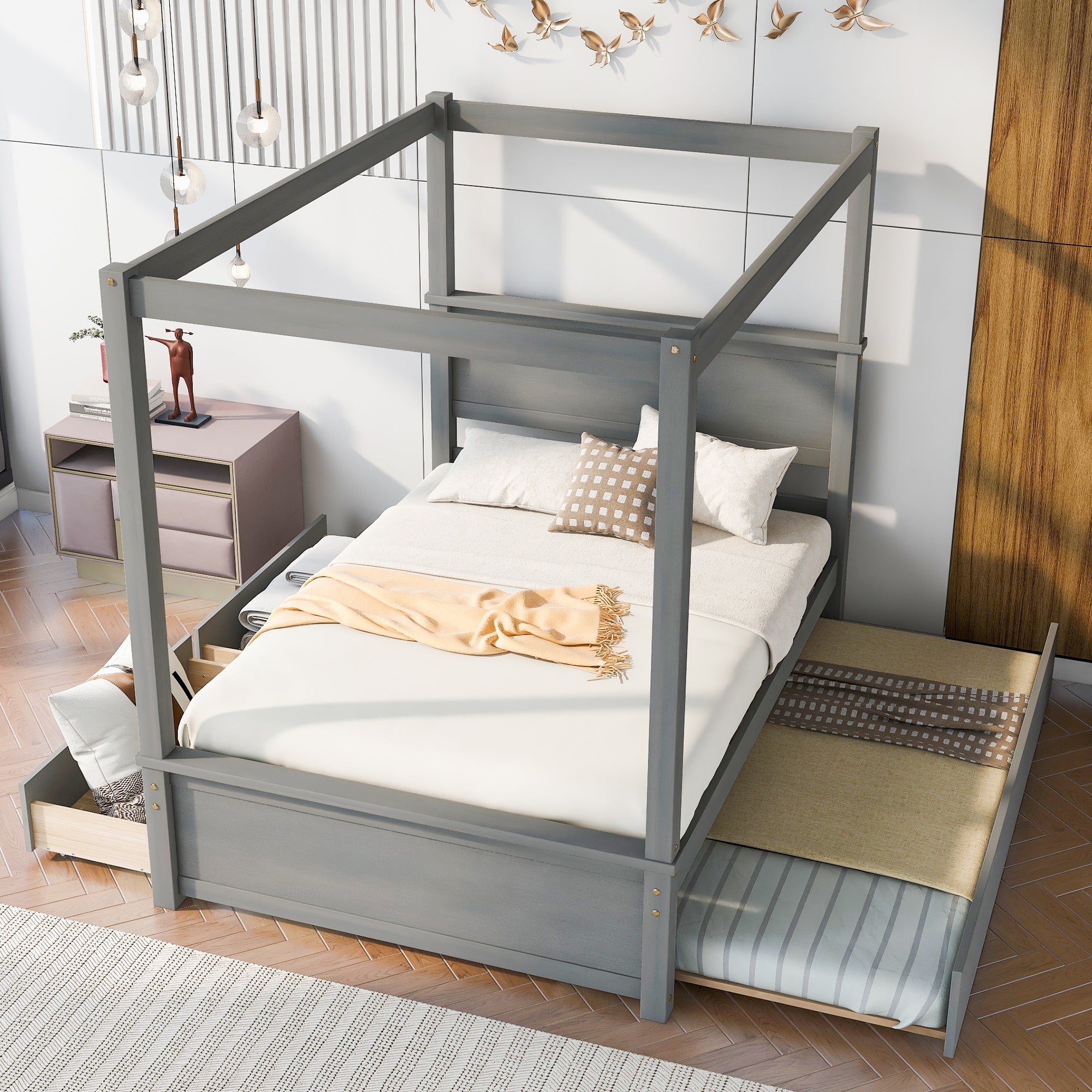 Wood Canopy Bed with Trundle Bed and two Drawers ,Full Size Canopy Platform bed With Support Slats .No Box Spring Needed, Brushed Gray - Atlantic Fine Furniture Melbourne FL