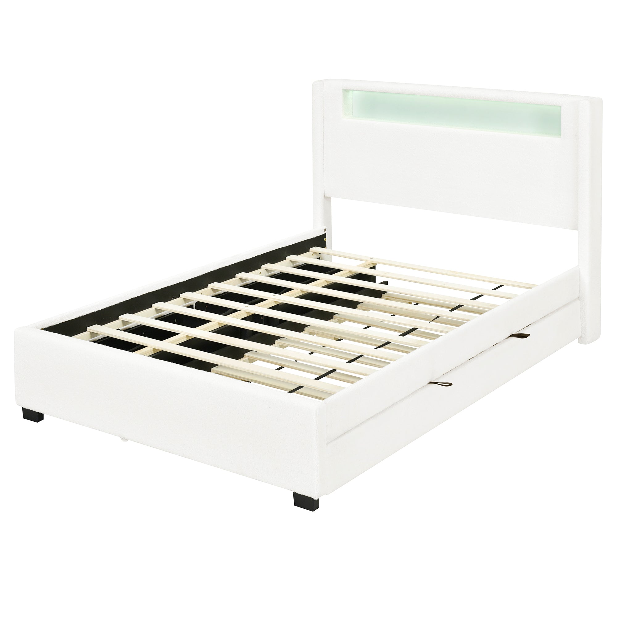 Full Size Upholstered Platform Bed with LED Frame, with Twin Size Trundle and 2 drawers, Teddy Fleece, White - Atlantic Fine Furniture Melbourne FL
