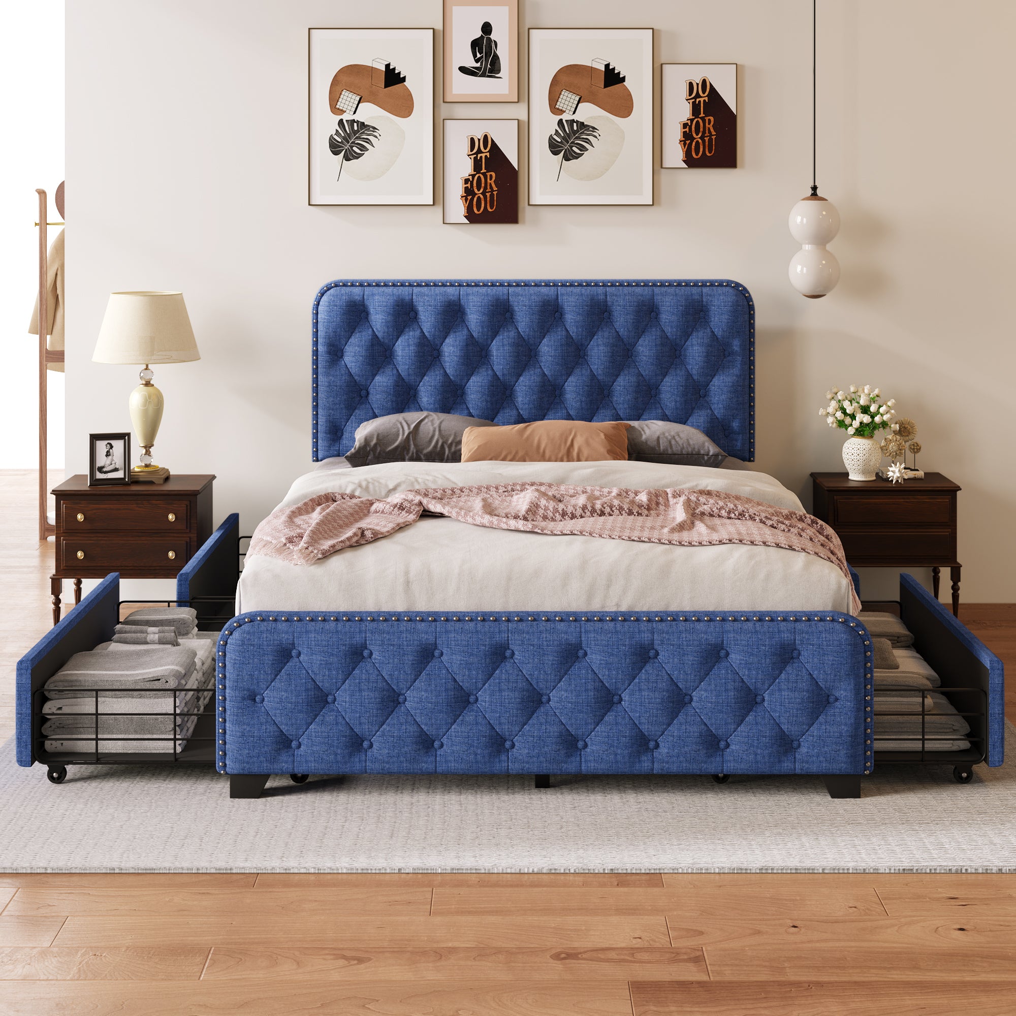 Upholstered Platform Bed Frame with Four Drawers, Button Tufted Headboard and Footboard Sturdy Metal Support, No Box Spring Required, Blue, Full (Old sku:BS300281AAC) - Atlantic Fine Furniture Melbourne FL