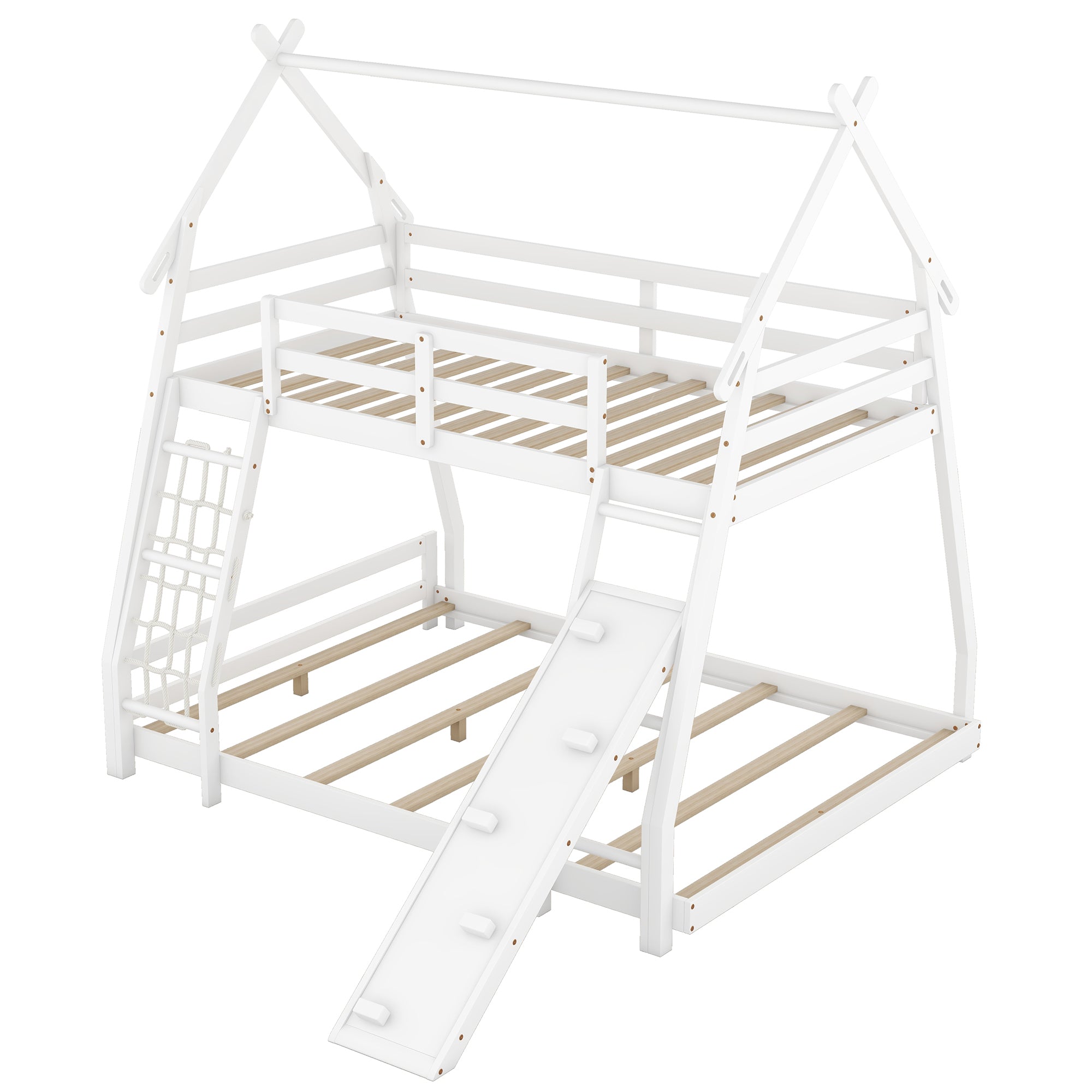 Twin over Queen House Bunk Bed with Climbing Nets and Climbing Ramp, White - Atlantic Fine Furniture Melbourne FL