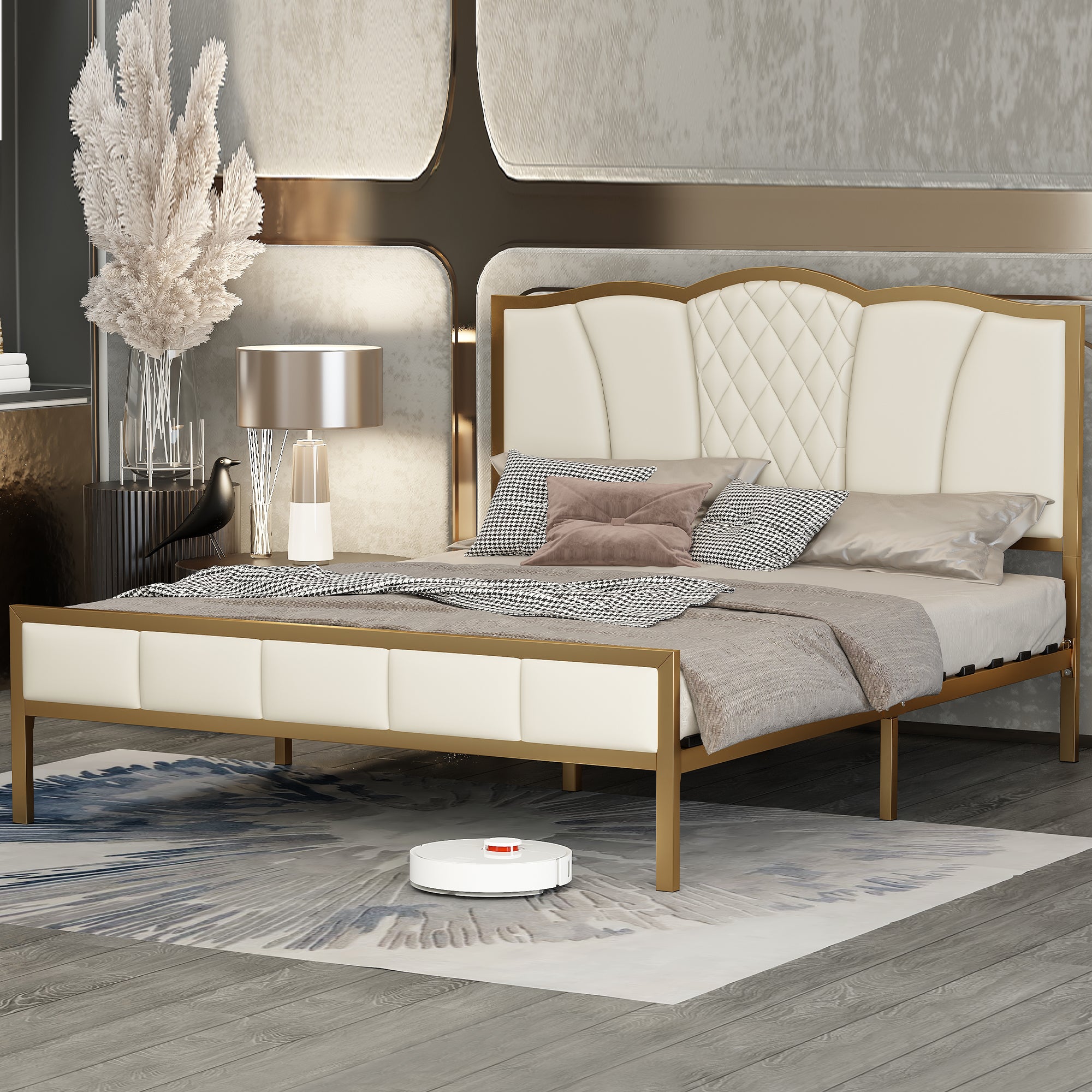 Queen Size Bed Frame, Modern Upholstered Bed Frame with Tufted Headboard, Golden Metal Platform Bed Frame with Wood Slat Support, Noise Free, No Box Spring Needed,Beige - Atlantic Fine Furniture Melbourne FL