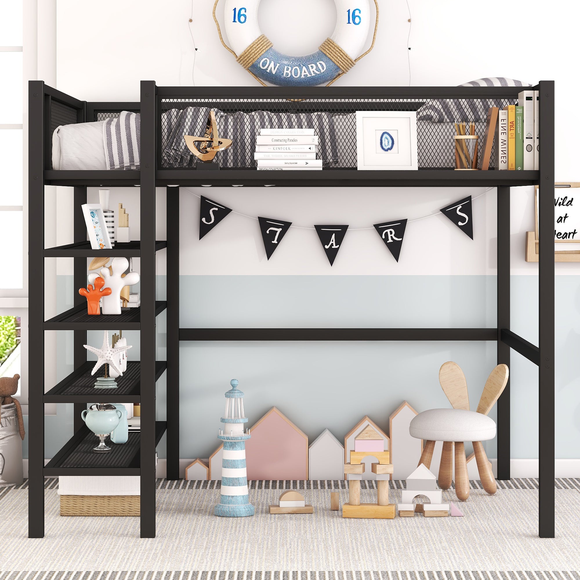 Full Size Metal Loft Bed with 4-Tier Shelves and Storage, Black - Atlantic Fine Furniture Melbourne FL