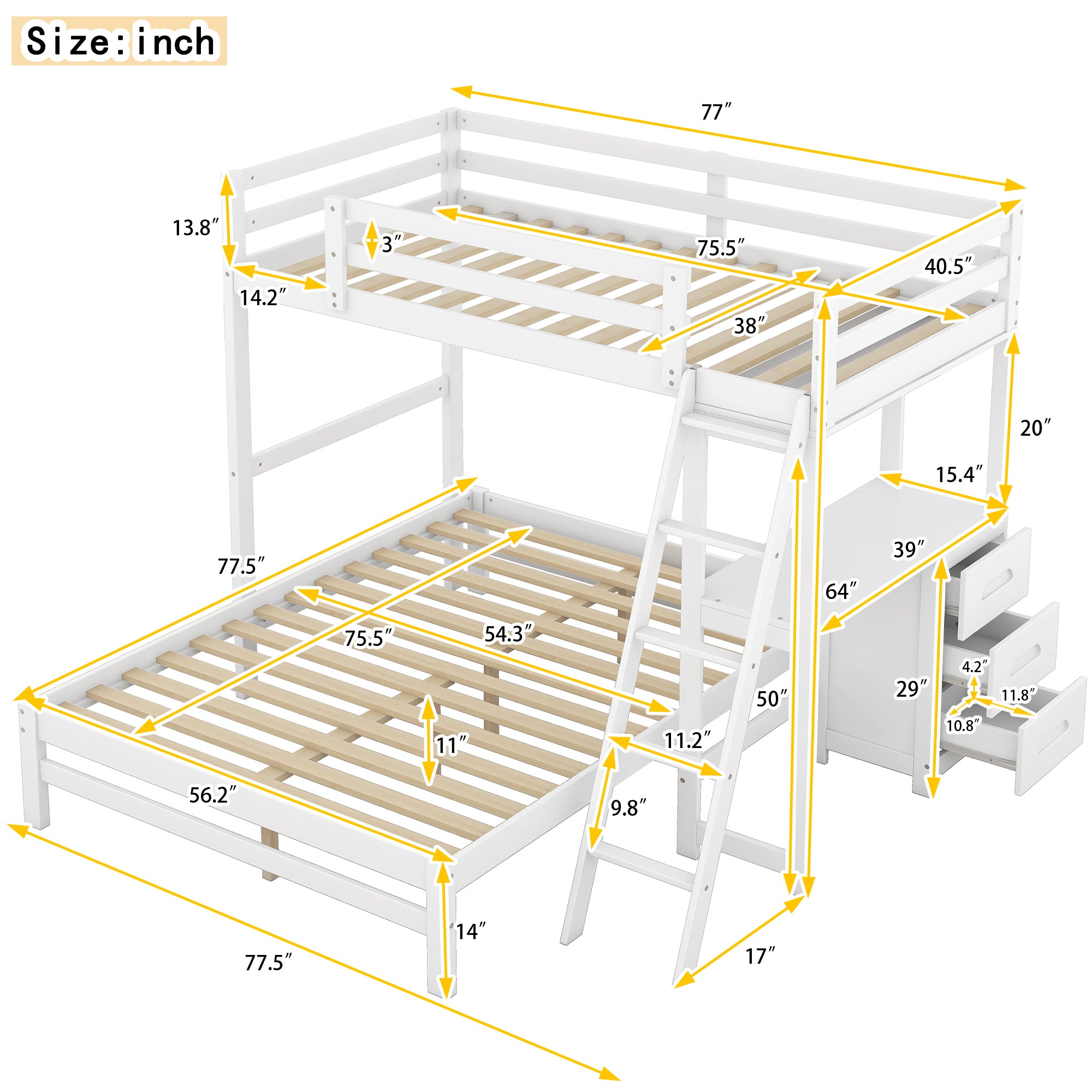 Twin over Full Bunk Bed with Built-in Desk and Three Drawers,White - Atlantic Fine Furniture Melbourne FL