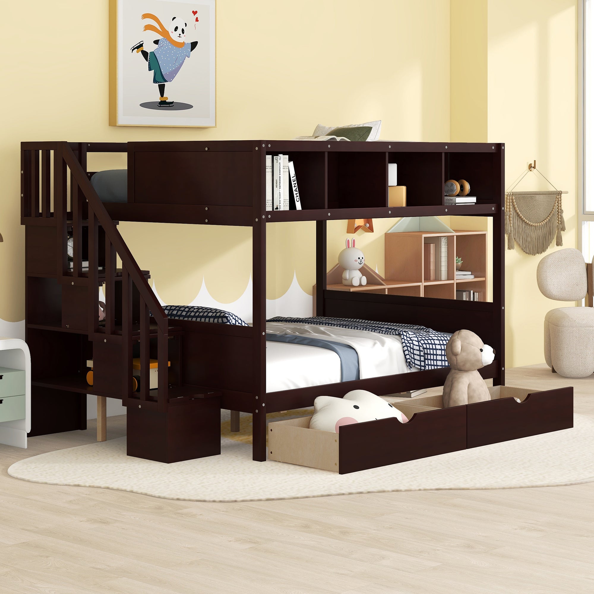 Twin over Full Bunk Bed with Shelfs, Storage Staircase and 2 Drawers, Espresso - Atlantic Fine Furniture Melbourne FL