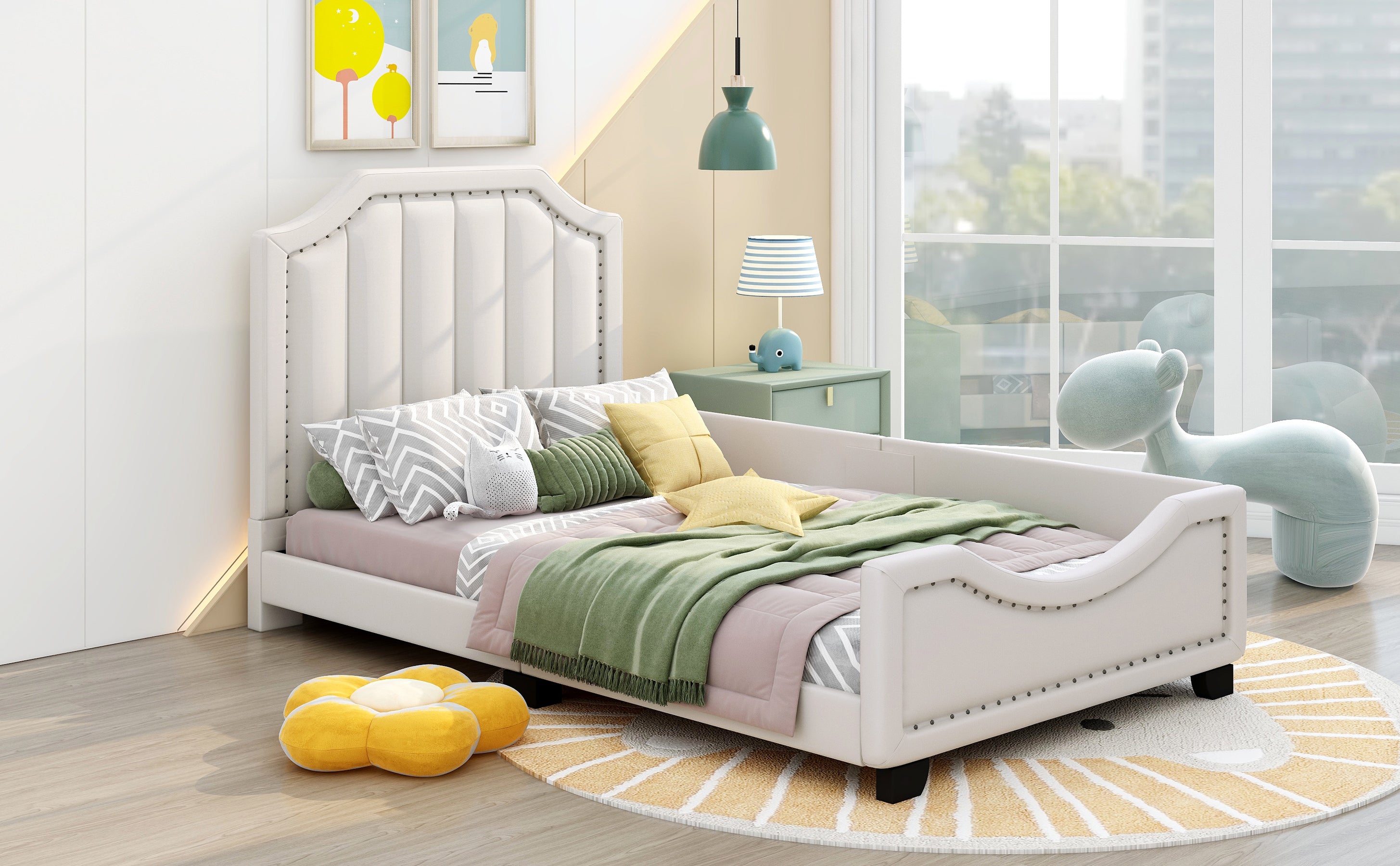 Twin Size Upholstered Platform Bed with Nailhead Trim Decoration and Guardrail, Beige - Atlantic Fine Furniture Melbourne FL
