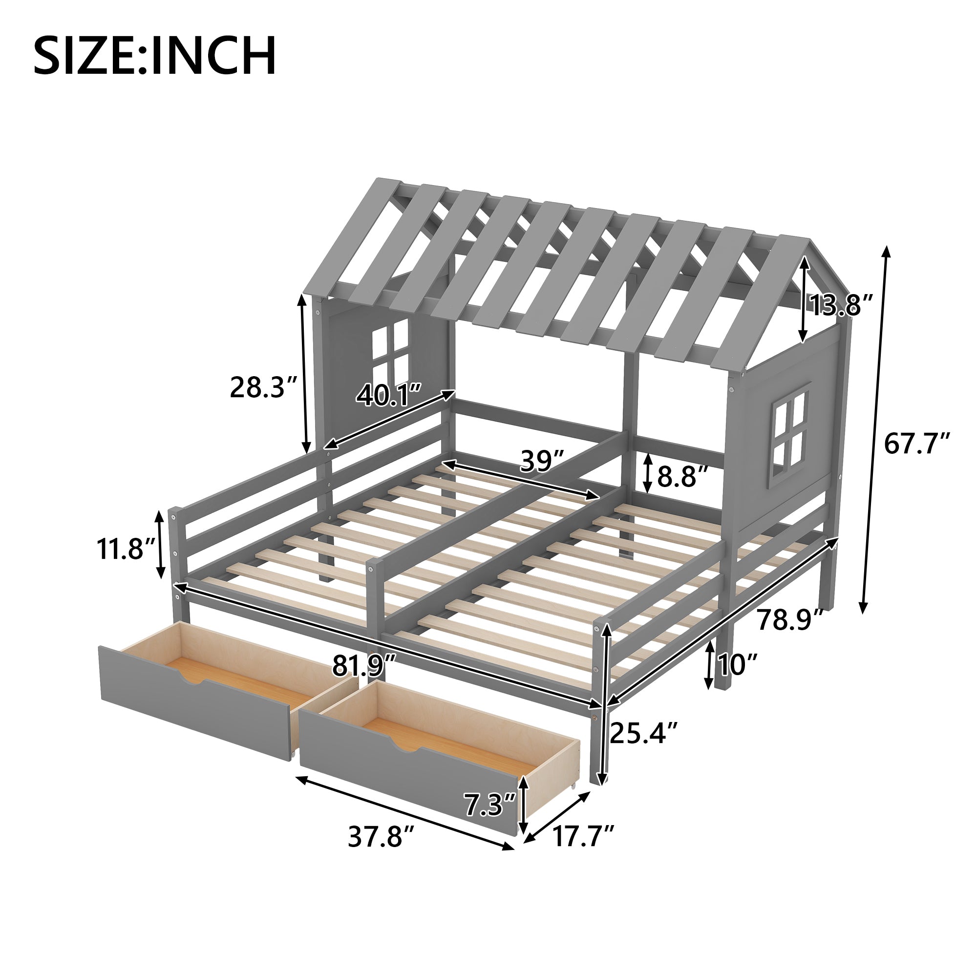 Twin Size House Platform Beds with Two Drawers for Boy and Girl Shared Beds, Combination of 2 Side by Side Twin Size Beds, Gray(old sku: GX000927AAE) - Atlantic Fine Furniture Melbourne FL