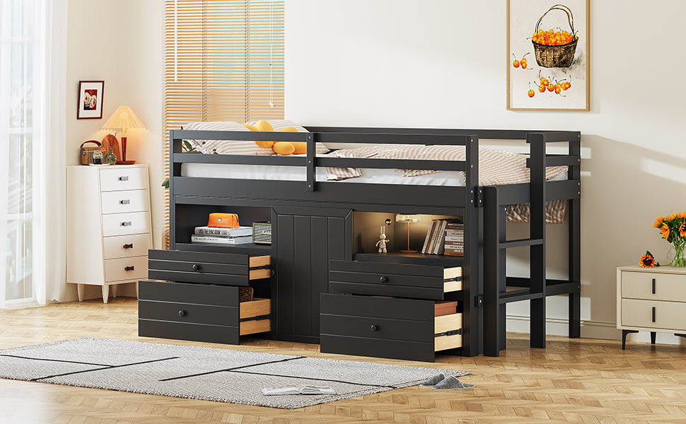 Twin Size Loft Bed with 4 Drawers, Underneath Cabinet and Shelves, Espresso - Atlantic Fine Furniture Melbourne FL