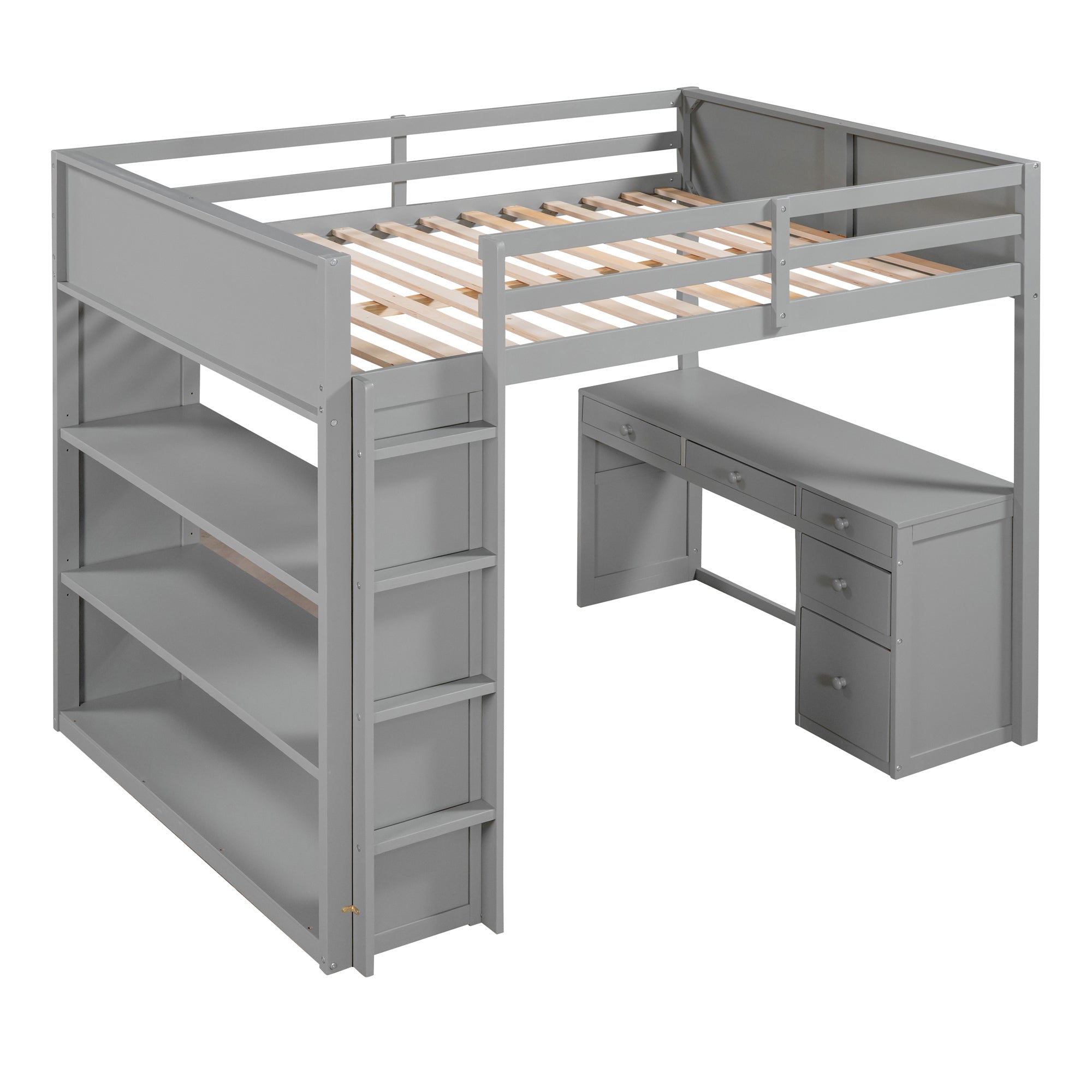 Full Size Loft Bed with Ladder, Shelves, and Desk, Gray - Atlantic Fine Furniture Melbourne FL