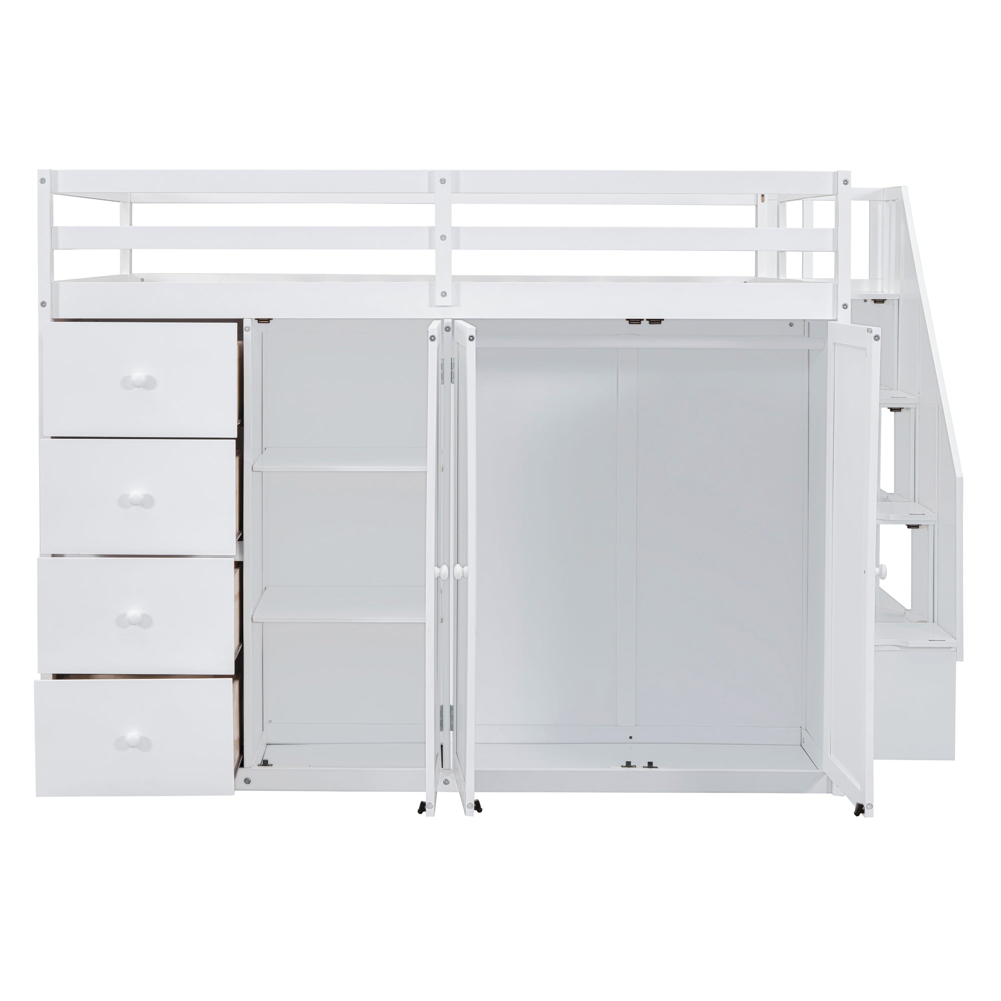 Full Size Wood Loft Bed With Built-in Wardrobes, Cabinets and Drawers, White