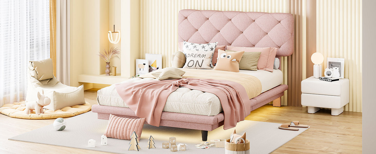 Twin Size Upholstered Bed with Light Stripe, Floating Platform Bed, Linen Fabric,Pink - Atlantic Fine Furniture Melbourne FL