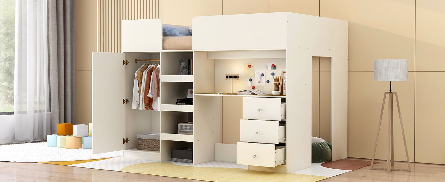 Wood Full Size Loft Bed with Built-in Wardrobe, Desk, Storage Shelves and Drawers, Beige - Atlantic Fine Furniture Melbourne FL