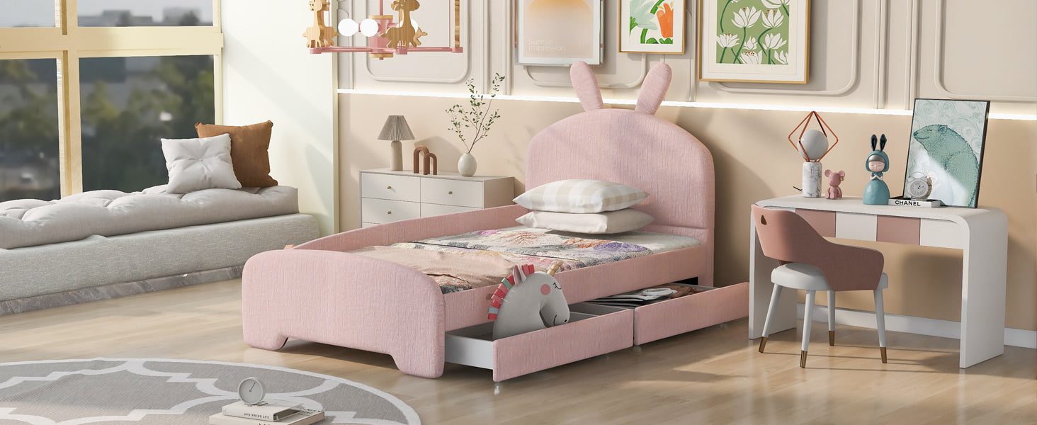 Twin Size Upholstered Platform Bed with Cartoon Ears Shaped Headboard and 2 Drawers, Pink - Atlantic Fine Furniture Melbourne FL