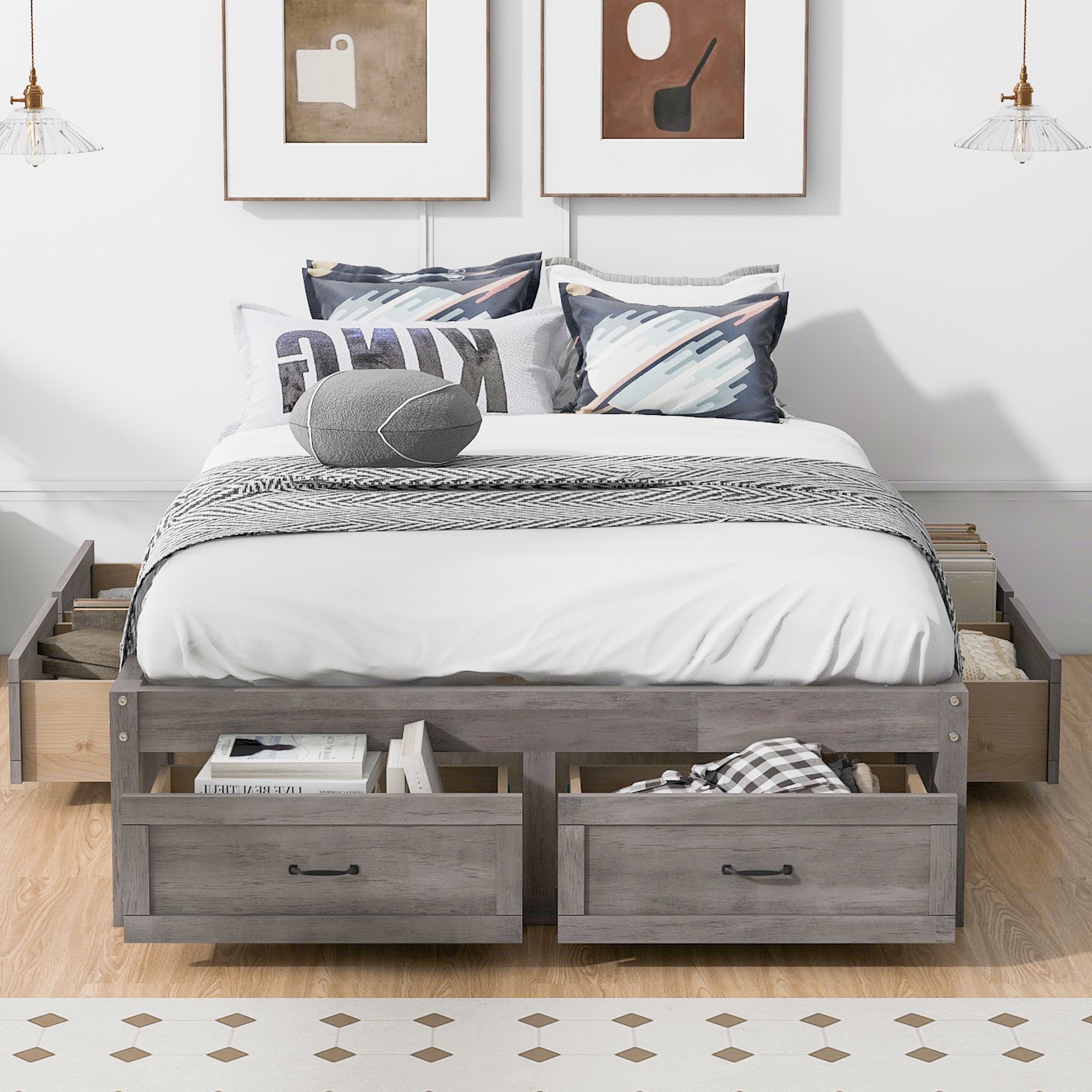 Full Size Platform Bed with 6 Storage Drawers,Antique Gray - Atlantic Fine Furniture Melbourne FL