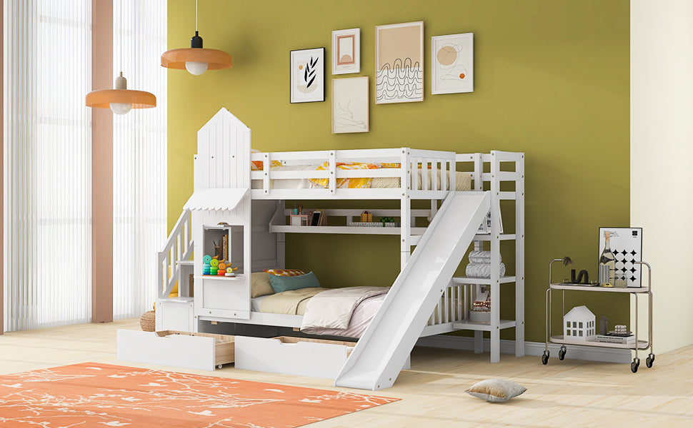 Twin-Over-Twin Castle Style Bunk Bed with 2 Drawers 3 Shelves and Slide - White - Atlantic Fine Furniture Melbourne FL