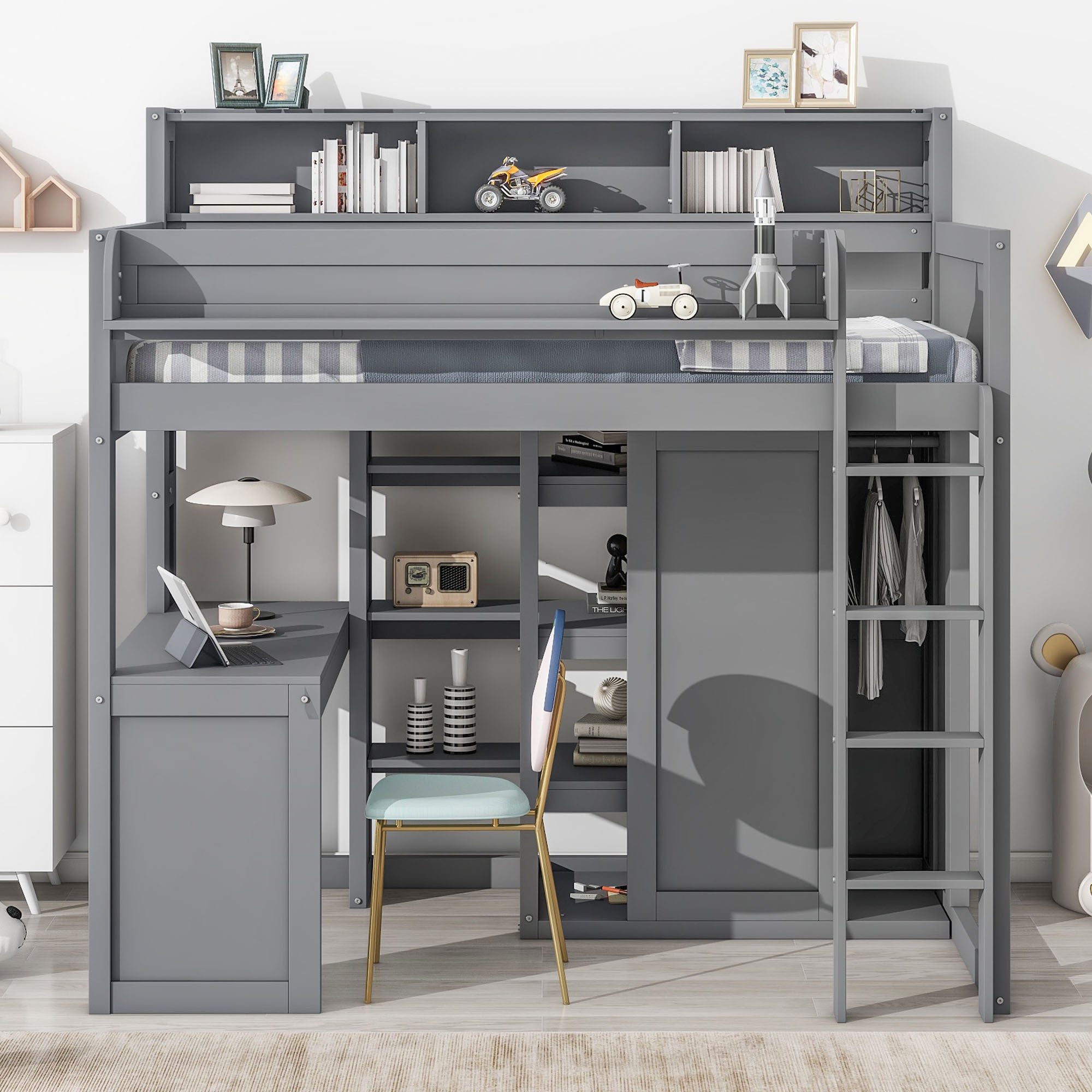 Wood Twin Size Loft bed with Multiple Storage Shelves and Wardrobe, Gray - Atlantic Fine Furniture Melbourne FL