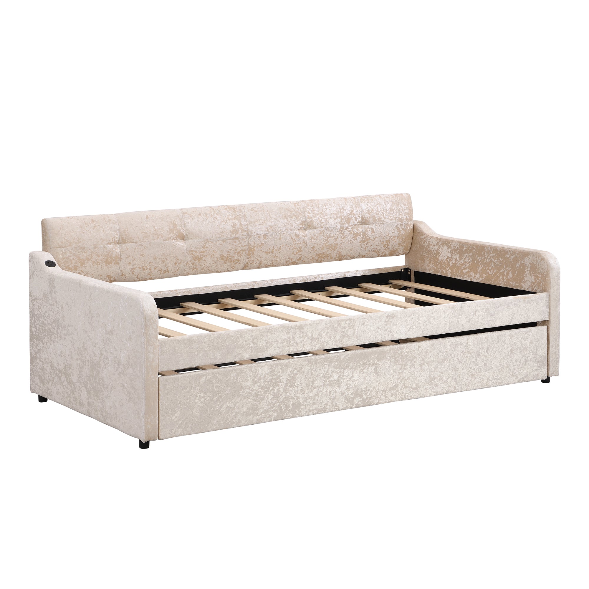 Twin Size Snowflake Velvet Daybed with Trundle and USB Charging Design,Beige - Atlantic Fine Furniture Melbourne FL