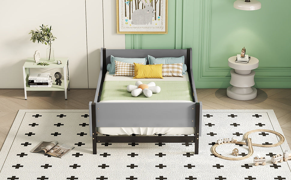 Twin Bed with Headboard, Footboard, Safeguards, Built-in Bed-end Book Storage Rack ,Grey