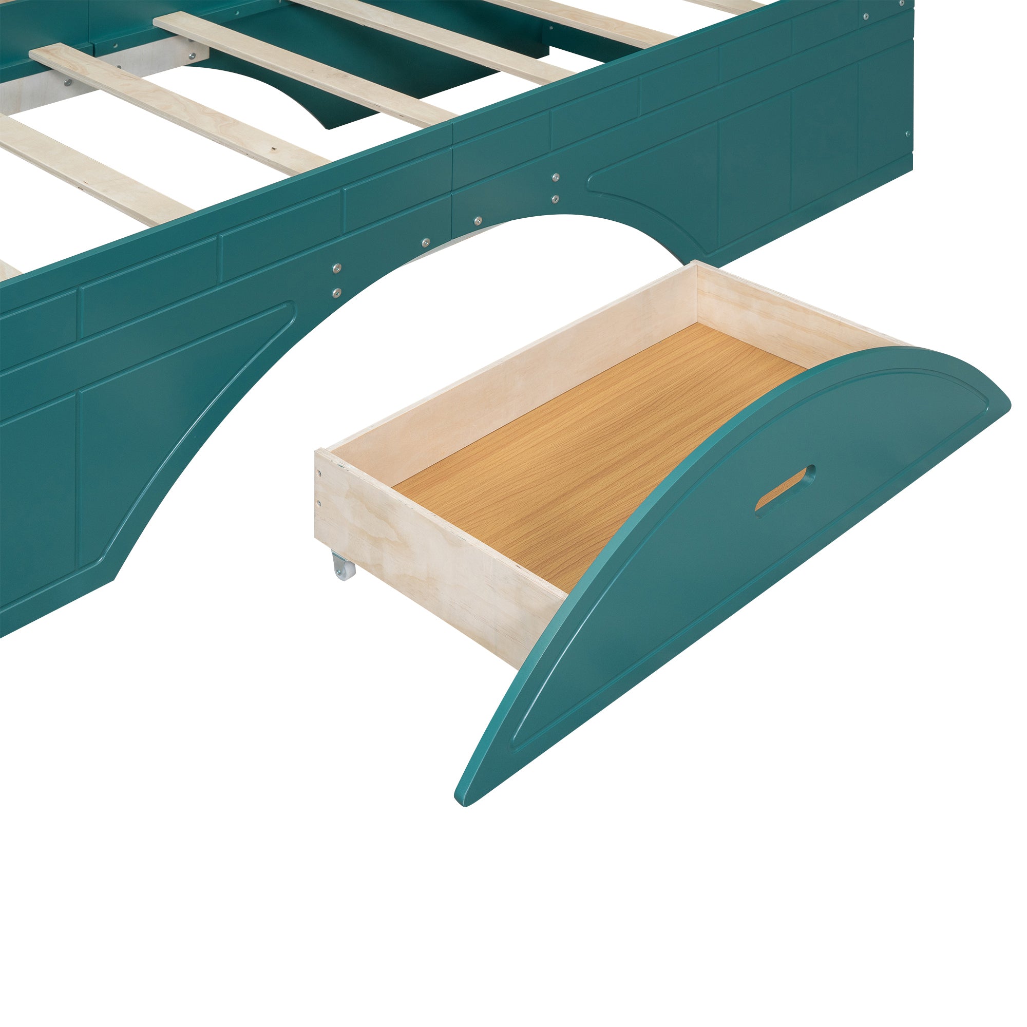 Wood Twin Size Platform Bed with 2 Drawers, Storage Headboard and Footboard, Dark Green