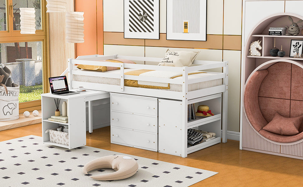 Twin Size Loft Bed with Retractable Writing Desk and 3 Drawers, Wooden Loft Bed with Storage Stairs and Shelves, White - Atlantic Fine Furniture Melbourne FL