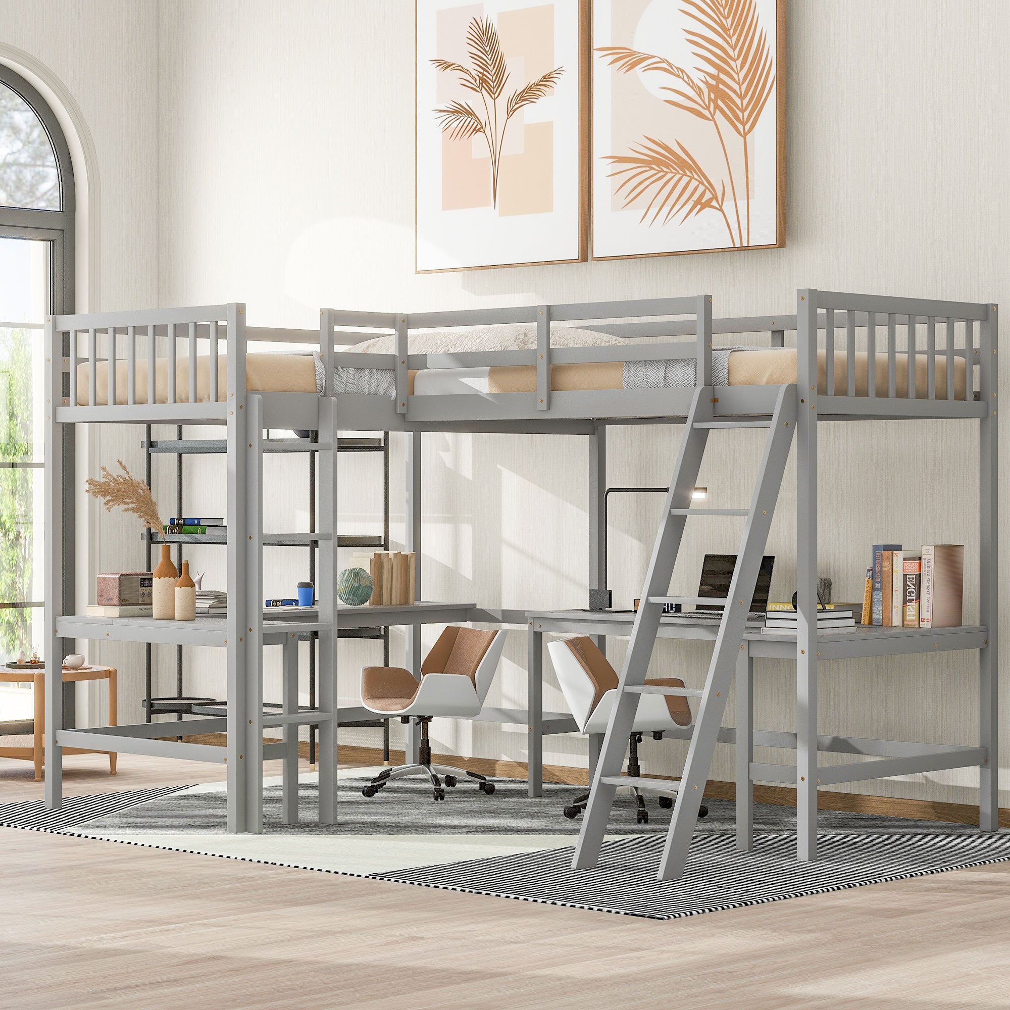 Wood Twin Size L-Shaped Loft Bed with Ladder and 2 Built-in L-Shaped Desks, Gray - Atlantic Fine Furniture Melbourne FL