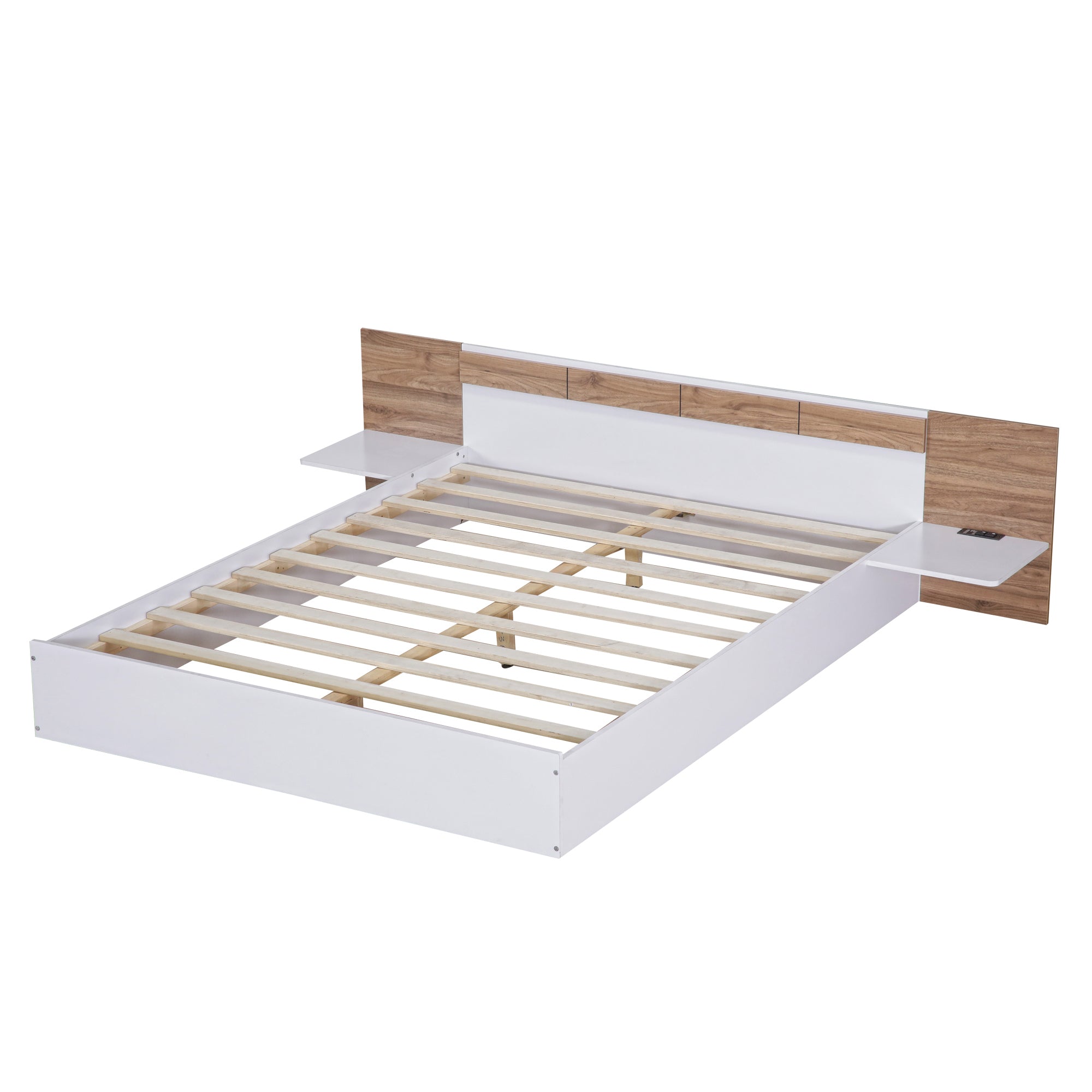 Queen Size Platform Bed with Headboard, Shelves, USB Ports and Sockets, White - Atlantic Fine Furniture Melbourne FL