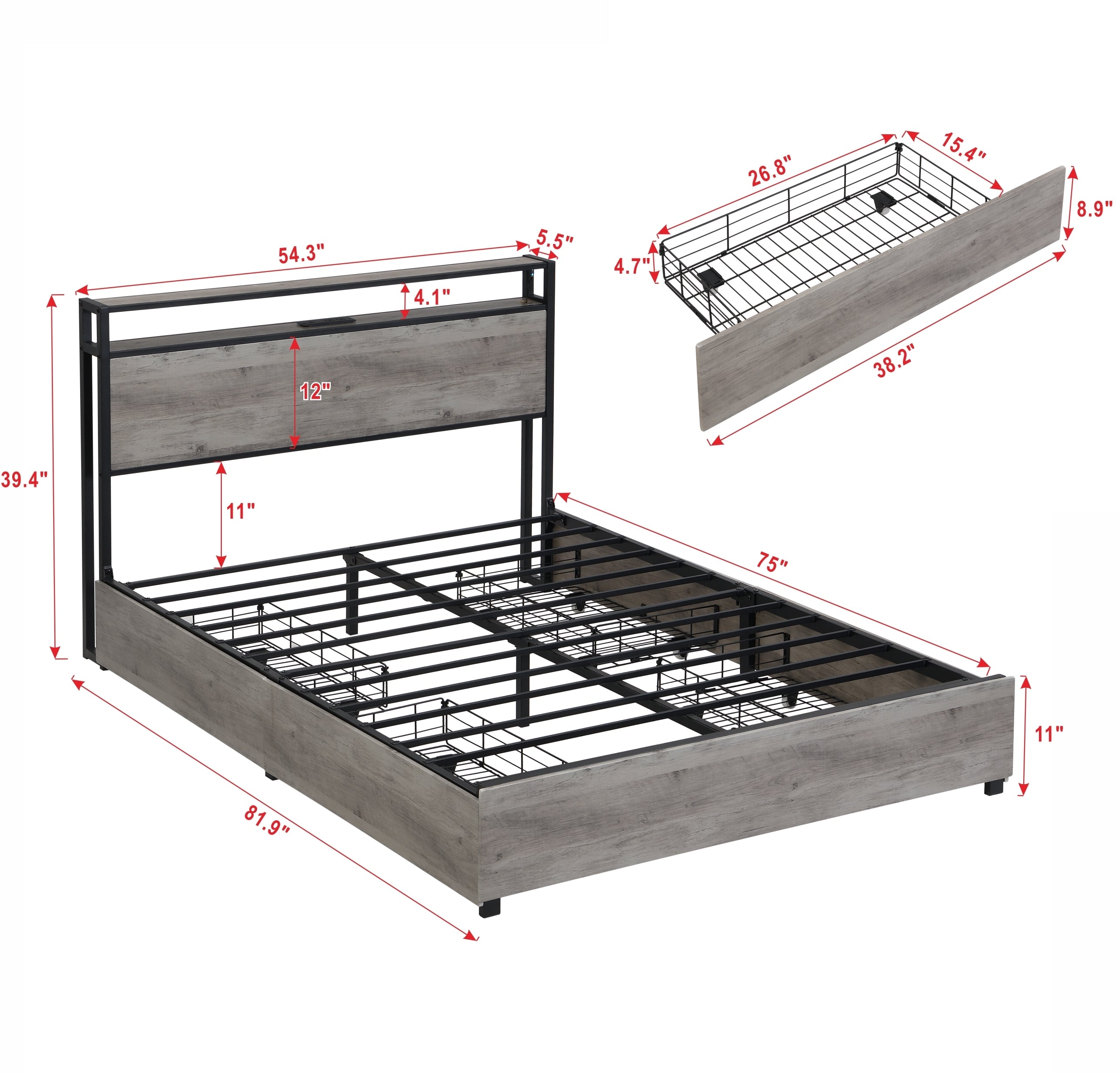 Full Bed Frame, Storage Headboard with Charging Station, Solid and Stable, Noise Free, No Box Spring Needed, Easy Assembly