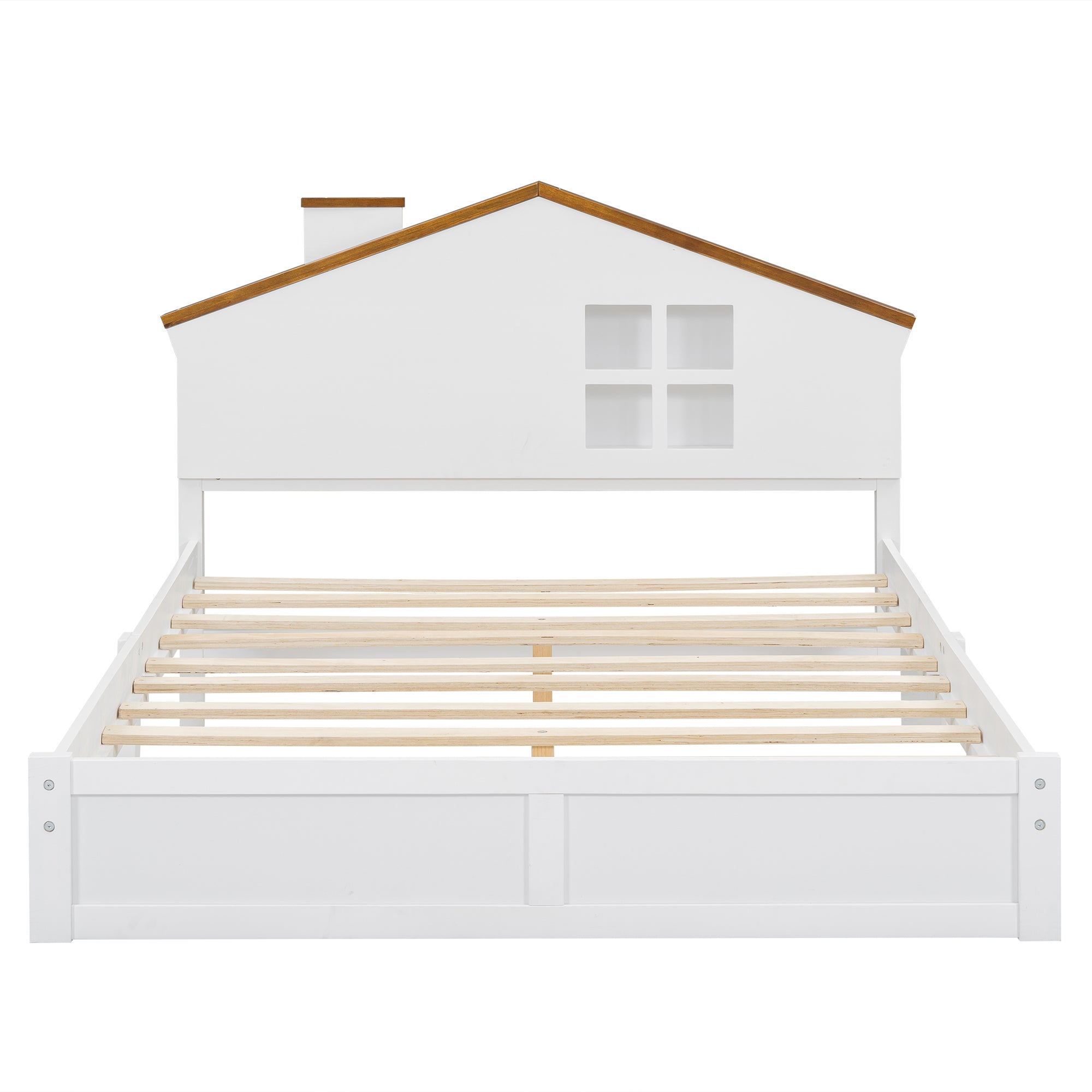 Full Size Wood Platform Bed with House-shaped Headboard and Built-in LED, Walnut+White - Atlantic Fine Furniture Melbourne FL