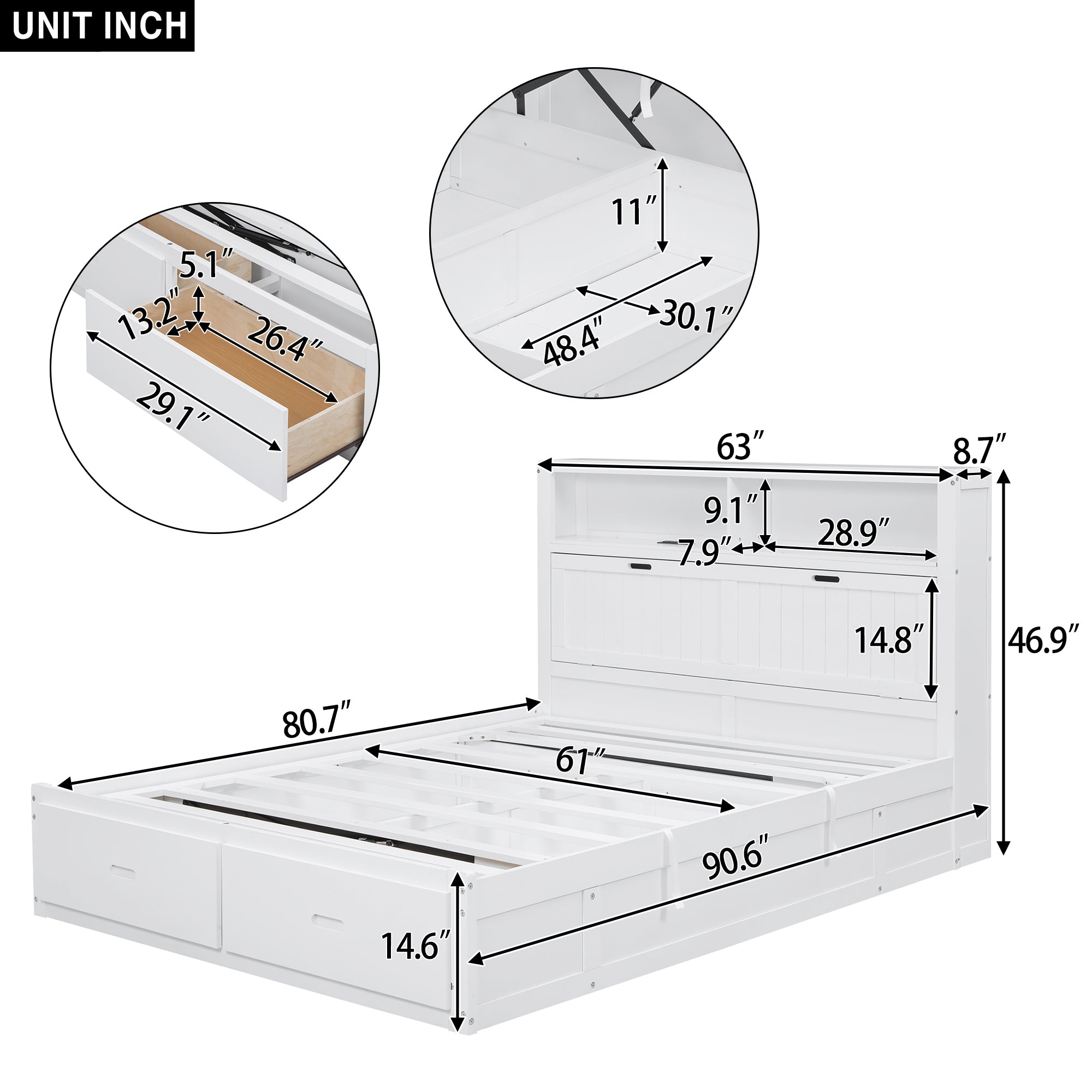 Wood Queen Size Hydraulic Platform Bed with Storage LED Headboard, Charging Station and 2 Drawers, White - Atlantic Fine Furniture Melbourne FL