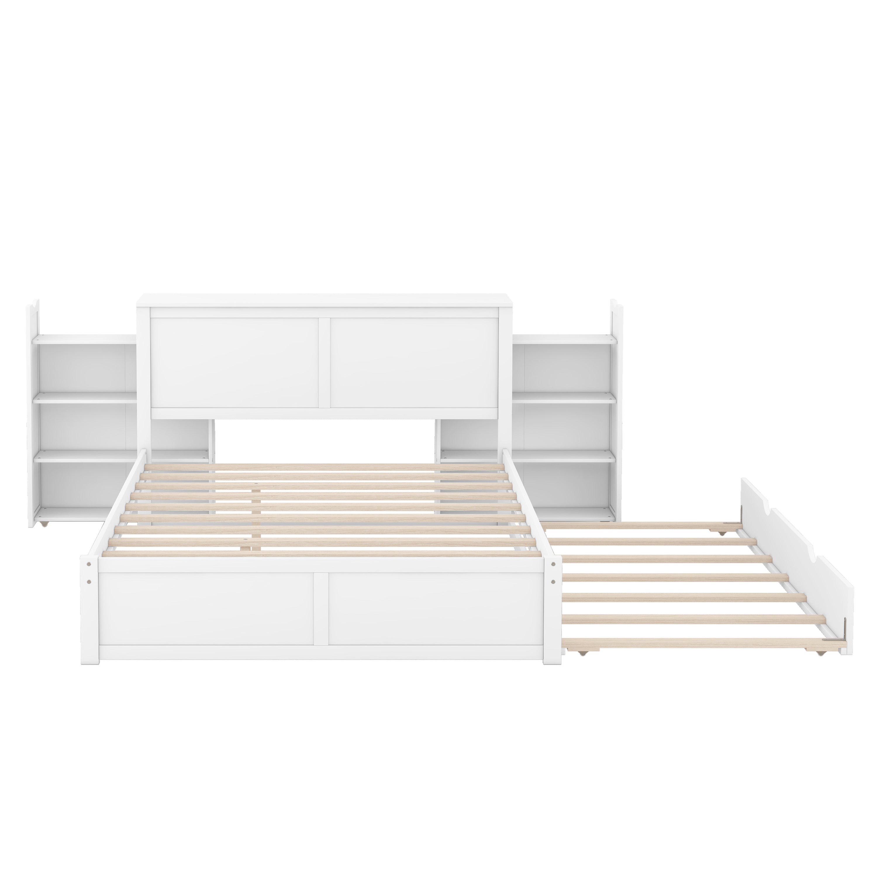 Queen Size Storage Platform Bed with Pull Out Shelves and Twin XL Size Trundle, White