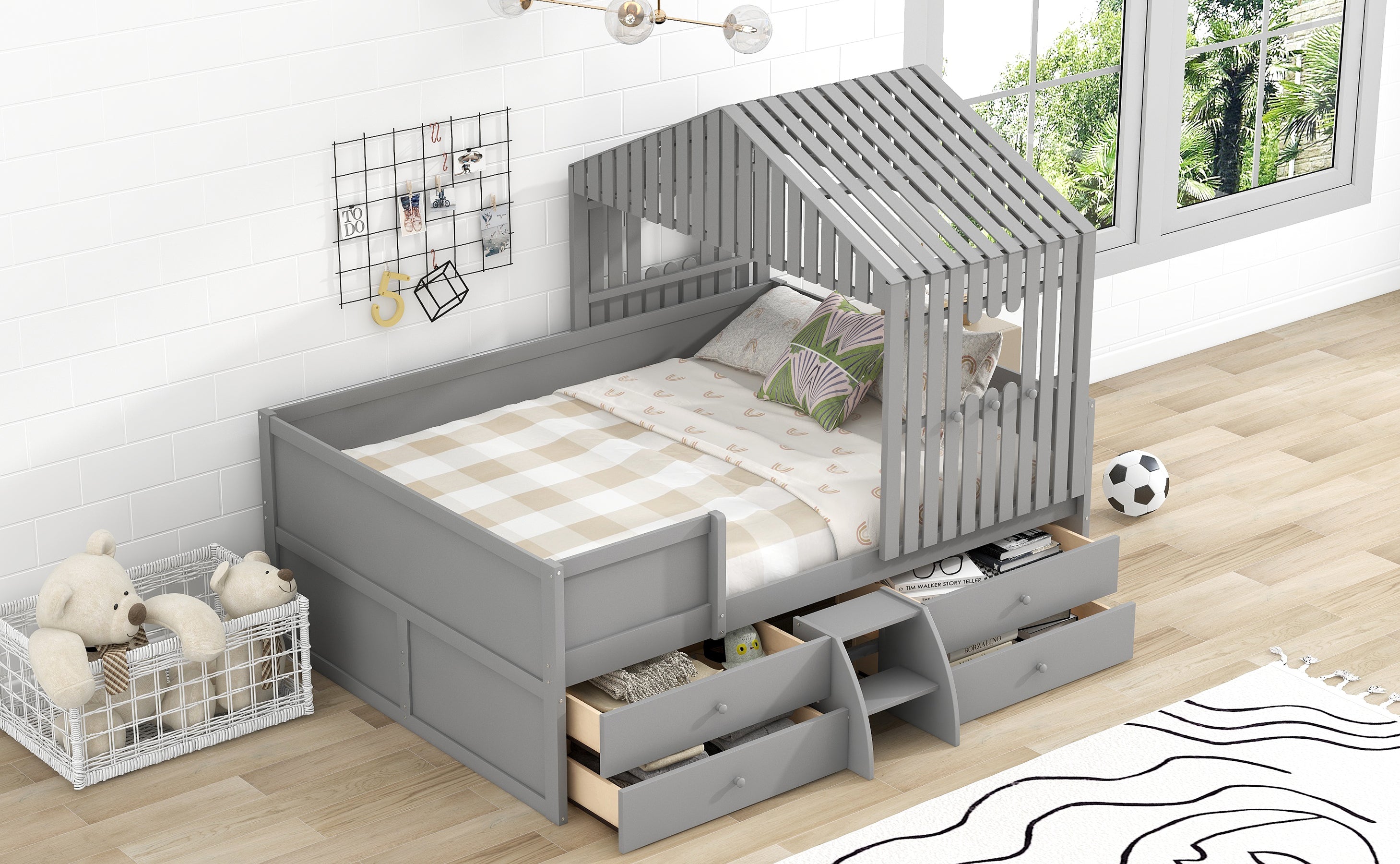 Full Size House Low Loft Bed with Four Drawers,Gray - Atlantic Fine Furniture Melbourne FL