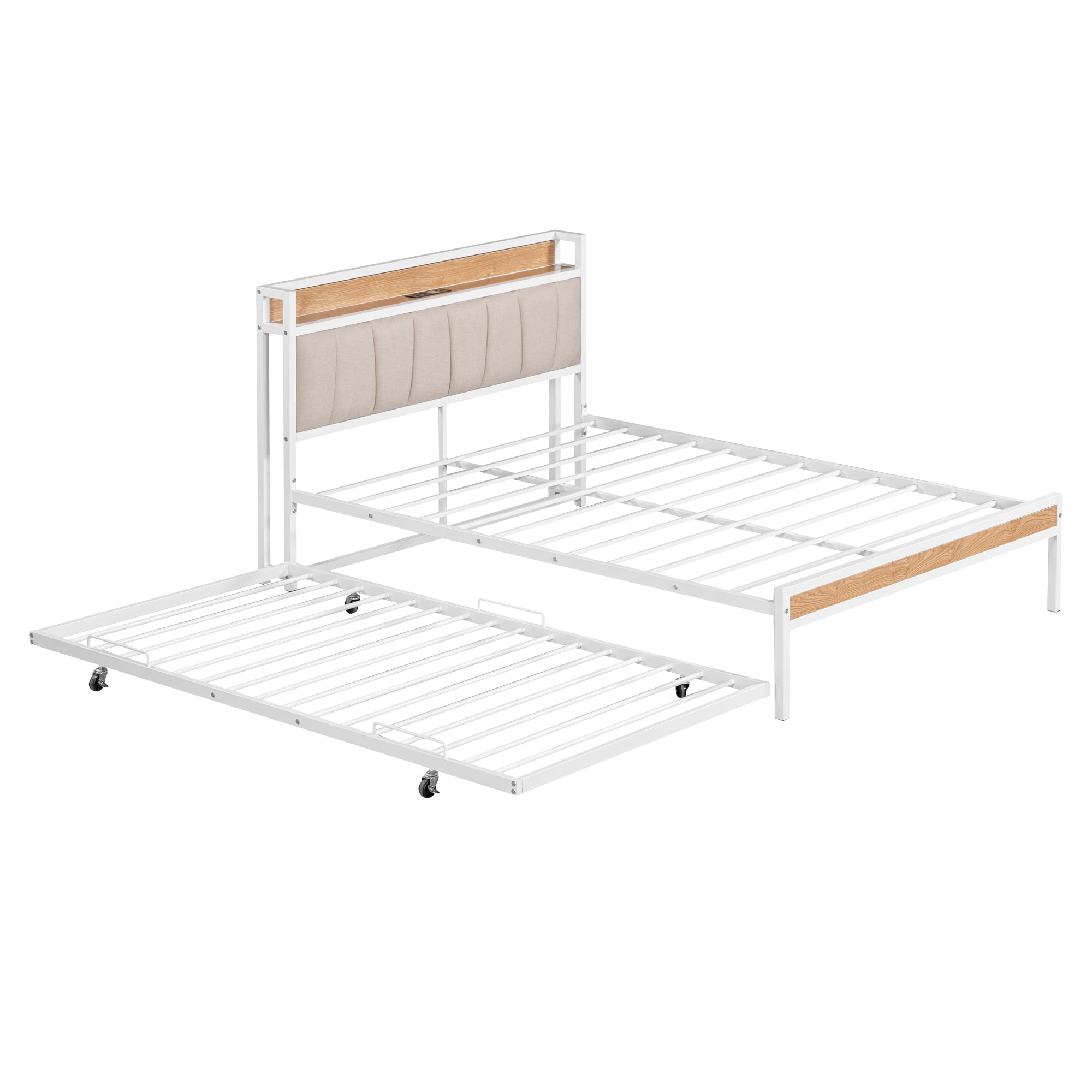 Full Size Metal Platform Bed Frame with Twin size trundle, Upholstered headboard, Sockets, USB Ports and Slat Support, No Box Spring Needed, White - Atlantic Fine Furniture Melbourne FL