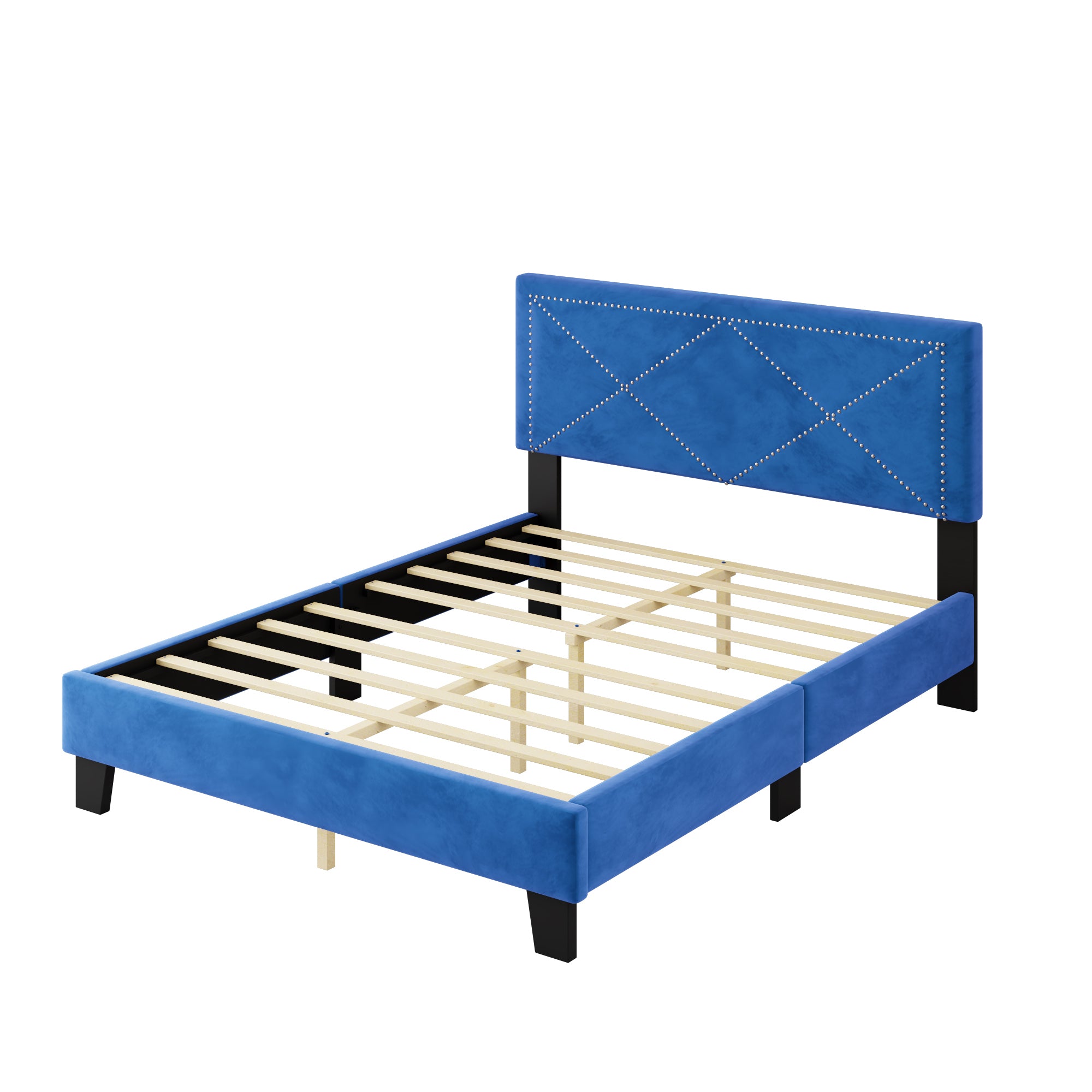 Simple Queen Size Upholstered Bed Frame with Rivet Design, Modern Velvet Platform Bed with headboard, Blue - Atlantic Fine Furniture Melbourne FL