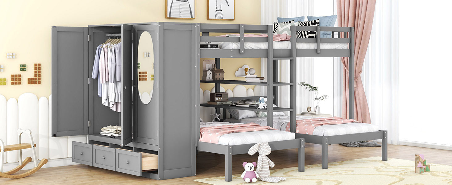 Full-Over-Twin-Twin Bunk Bed with Shelves, Wardrobe and Mirror, Gray - Atlantic Fine Furniture Melbourne FL