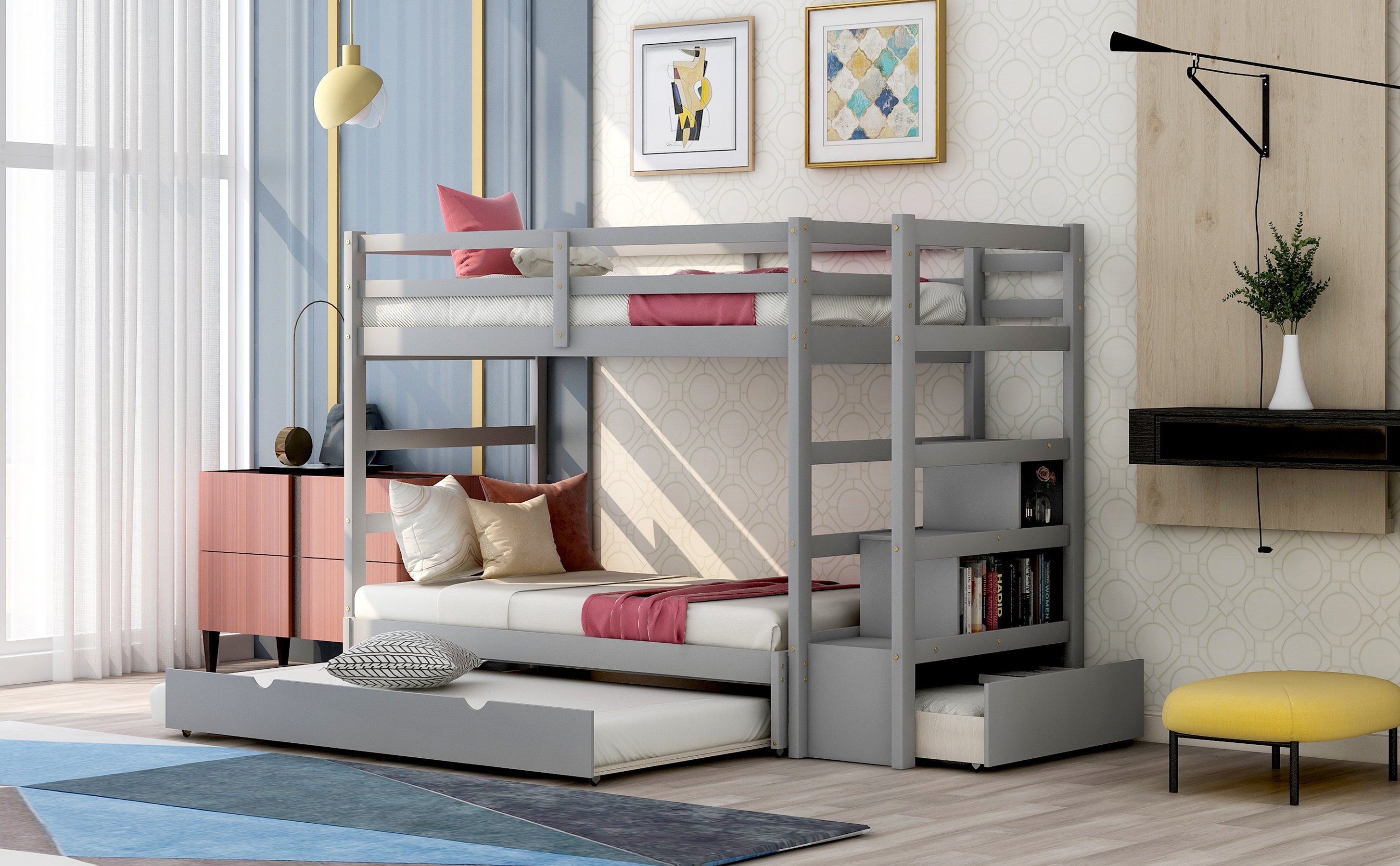 Twin over Twin/King (Irregular King Size) Bunk Bed with Twin Size Trundle, Extendable Bunk Bed (Gray)(OLD SKU :LP000032AAE)