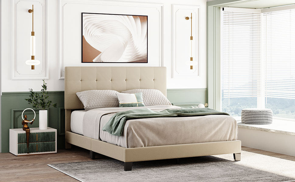 Upholstered Platform Bed with Tufted Headboard, Box Spring Needed, Beige Linen Fabric, Queen Size - Atlantic Fine Furniture Melbourne FL