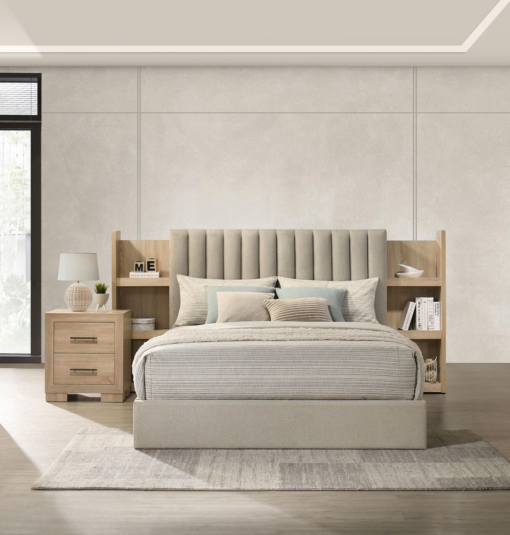 Arielle Eastern King Bookcase Panel Storage Bed Light Oak