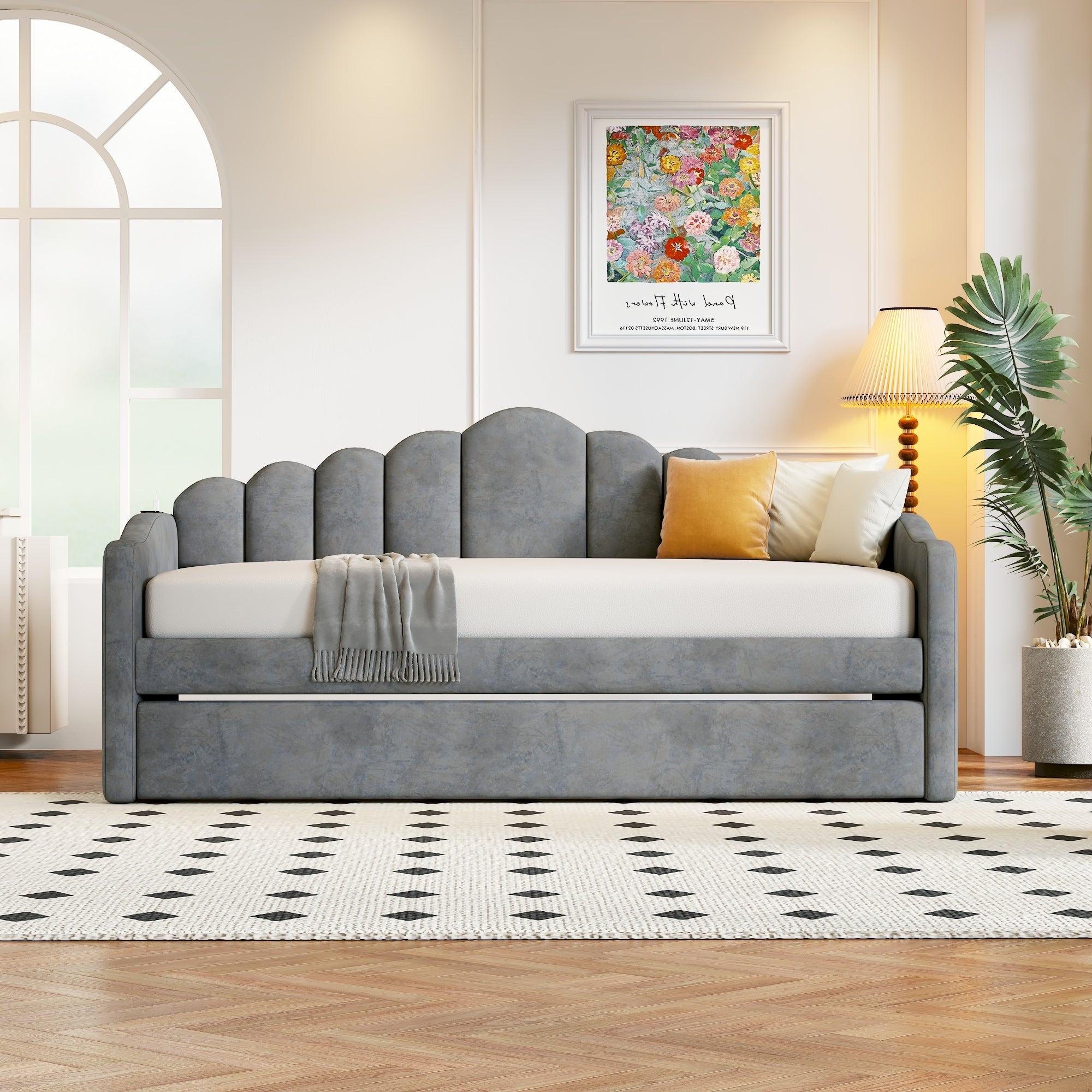 Twin size Upholstered Daybed with Trundle ,Velvet Sofabed with USB Charging Ports,No Box-spring Needed,Gray - Atlantic Fine Furniture Melbourne FL