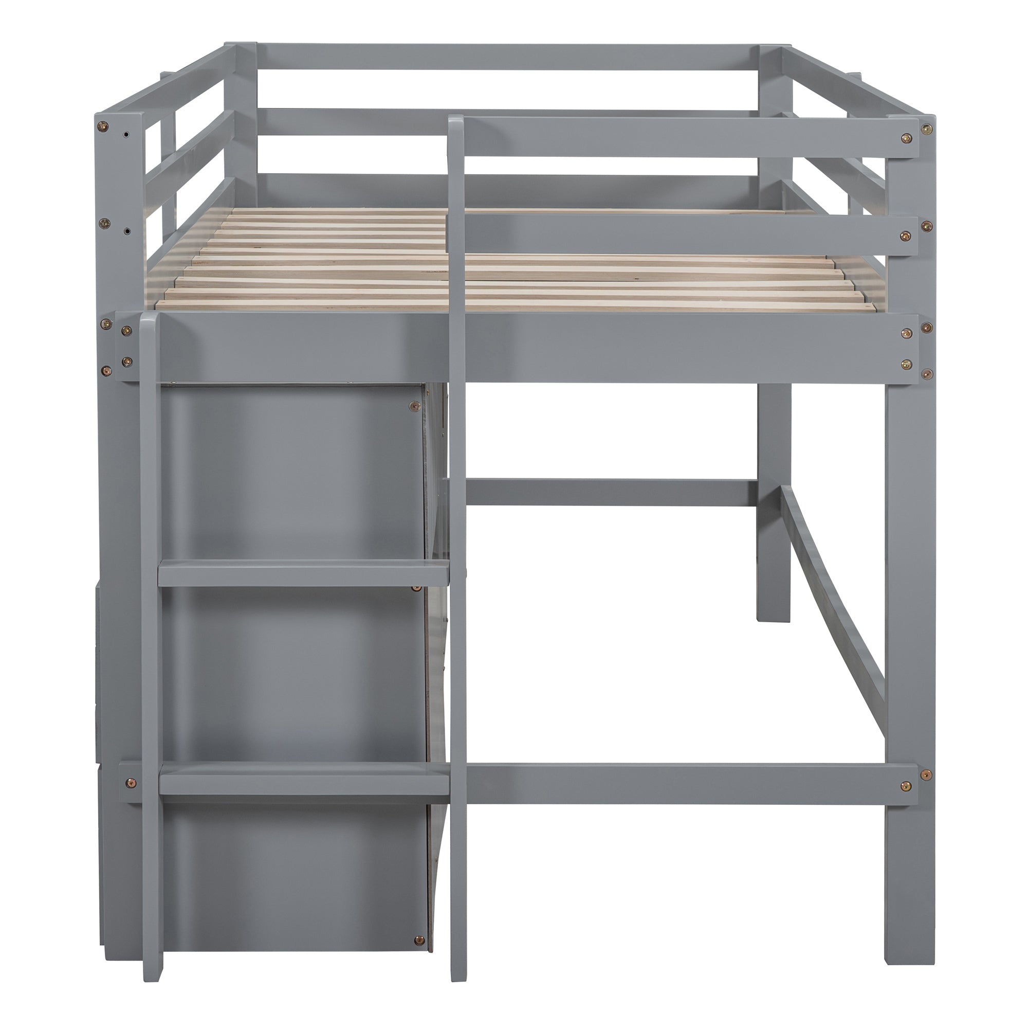 Twin Size Loft Bed with 4 Drawers, Underneath Cabinet and Shelves, Gray - Atlantic Fine Furniture Melbourne FL