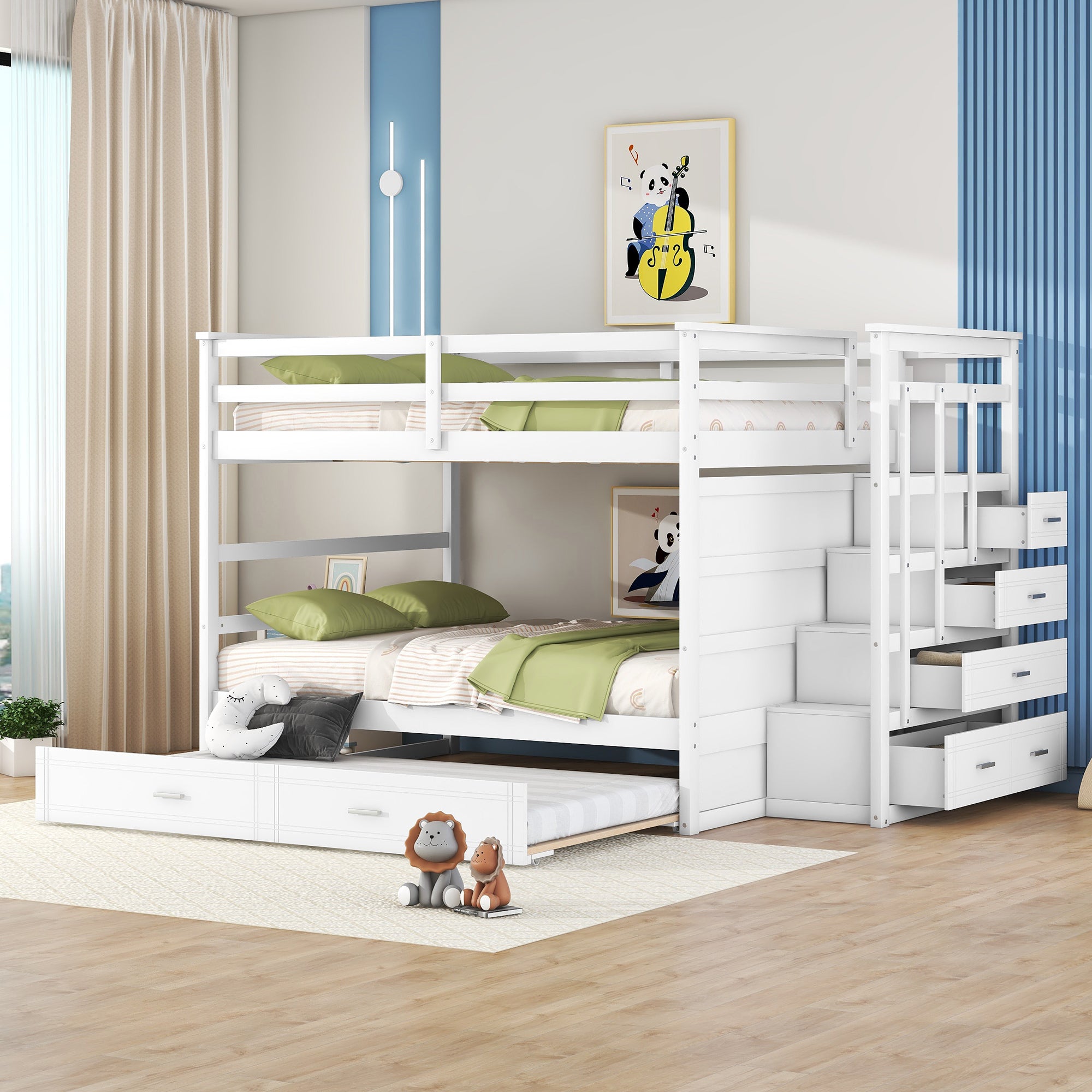 Full Over Full Bunk Bed with Twin Size Trundle and Staircase, White - Atlantic Fine Furniture Melbourne FL