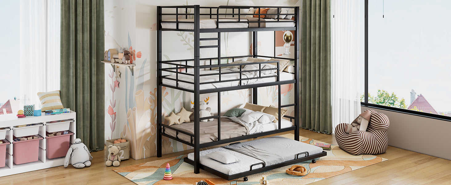 Metal Twin Size Triple Bunk Bed With Trundle, Black