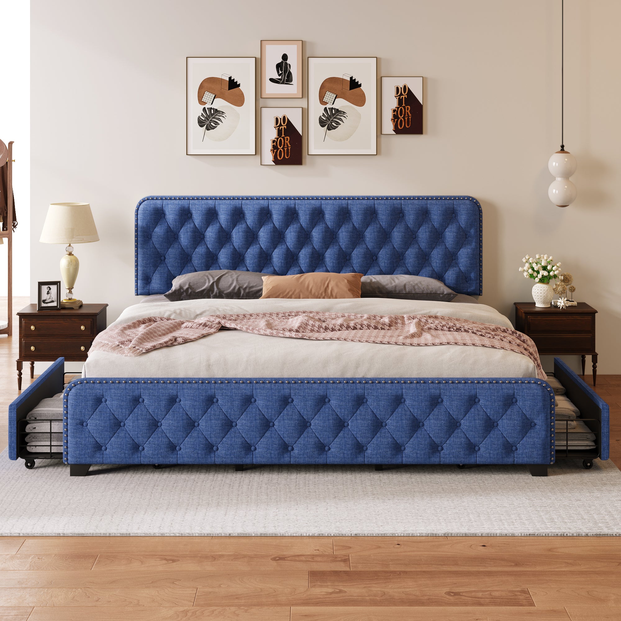 Upholstered Platform Bed Frame with Four Drawers, Button Tufted Headboard and Footboard Sturdy Metal Support, No Box Spring Required, Blue, King (Old sku: BS300277AAC) - Atlantic Fine Furniture Melbourne FL