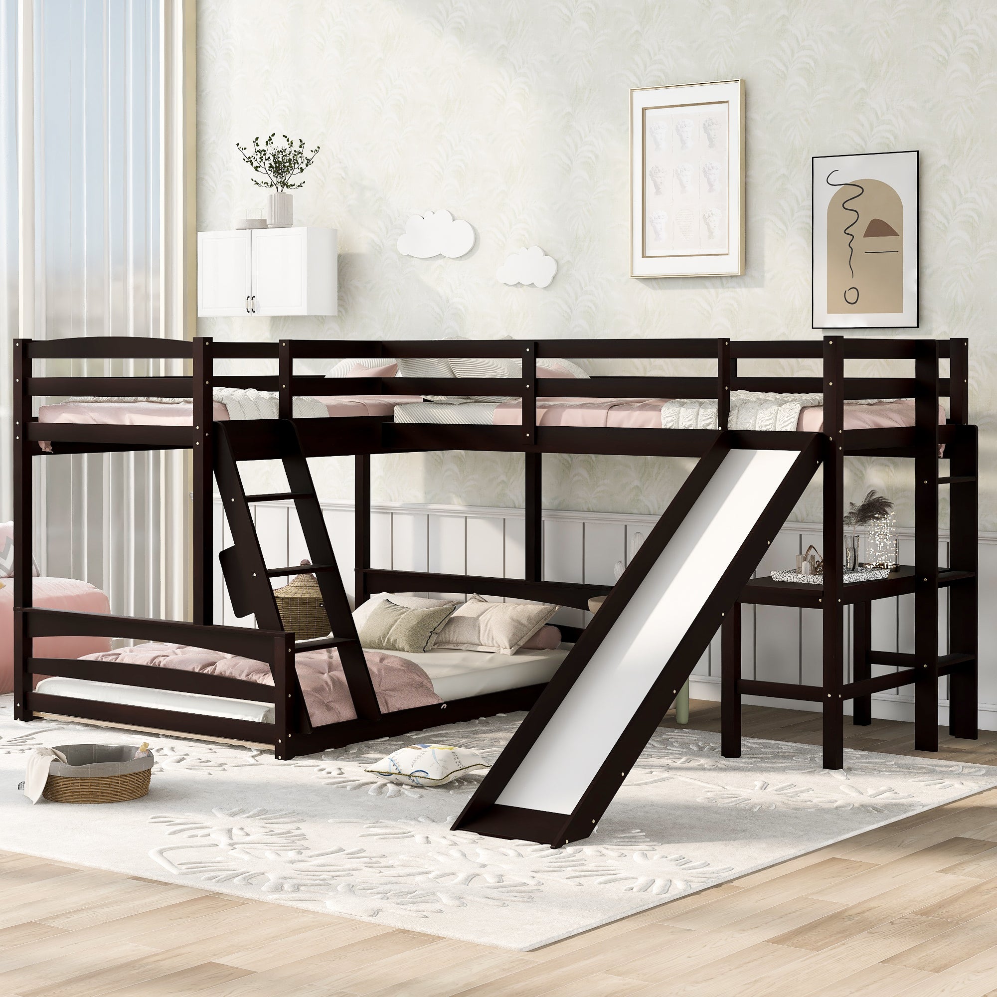 Twin over Full Bunk Bed with Twin Size Loft Bed with Desk and Slide,Full-Length Guardrail, Espresso - Atlantic Fine Furniture Melbourne FL