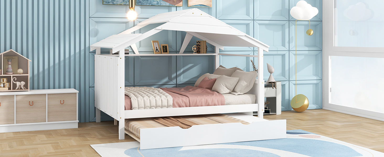 Wood Full Size House Bed with Twin Size Trundle and Storage, White - Atlantic Fine Furniture Melbourne FL