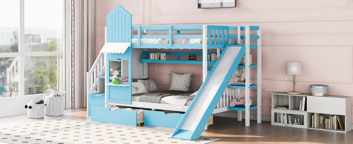 Twin-Over-Twin Castle Style Bunk Bed with 2 Drawers 3 Shelves and Slide - Blue - Atlantic Fine Furniture Melbourne FL