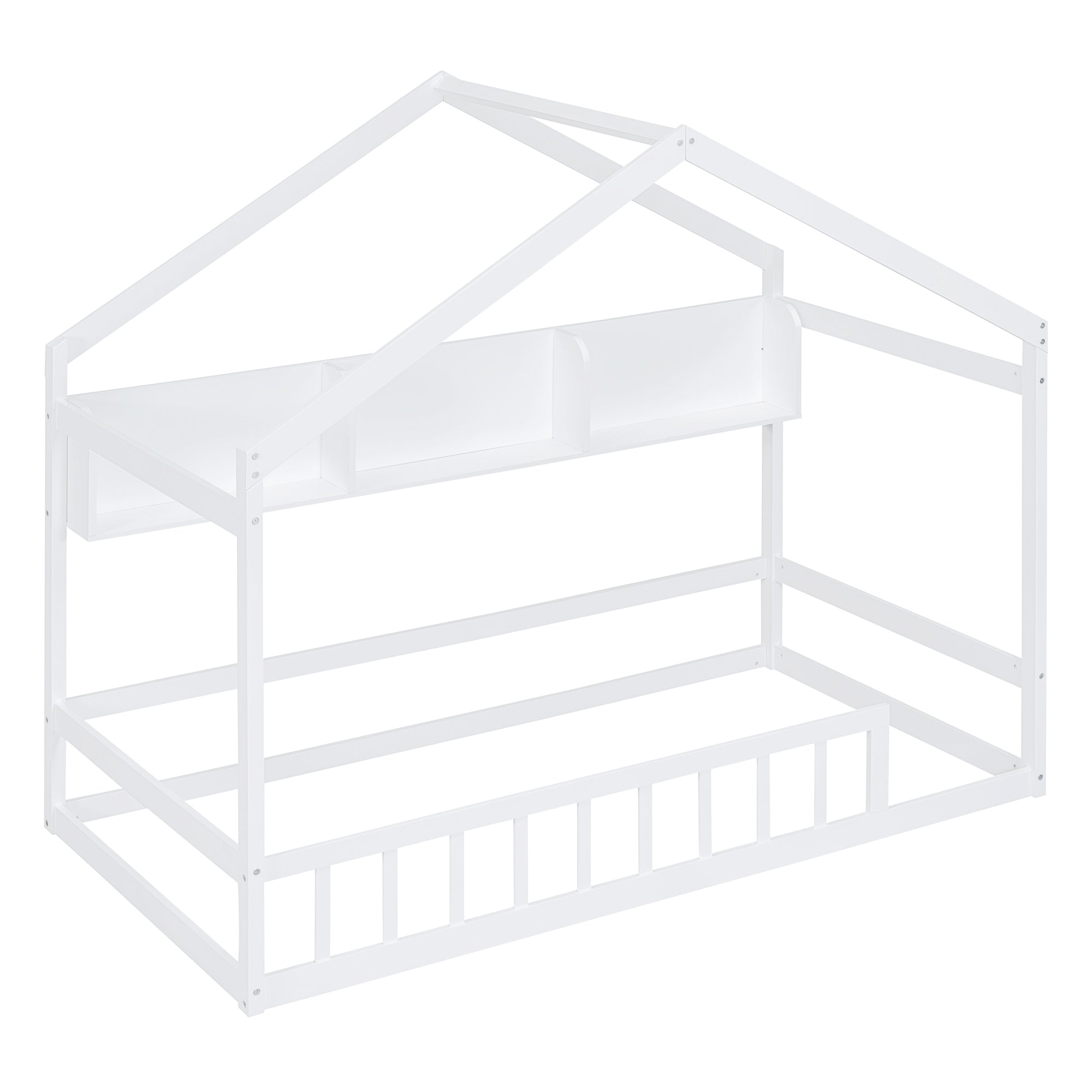 Wooden Twin Size House Bed with Storage Shelf,Kids Bed with Fence and Roof, White - Atlantic Fine Furniture Melbourne FL